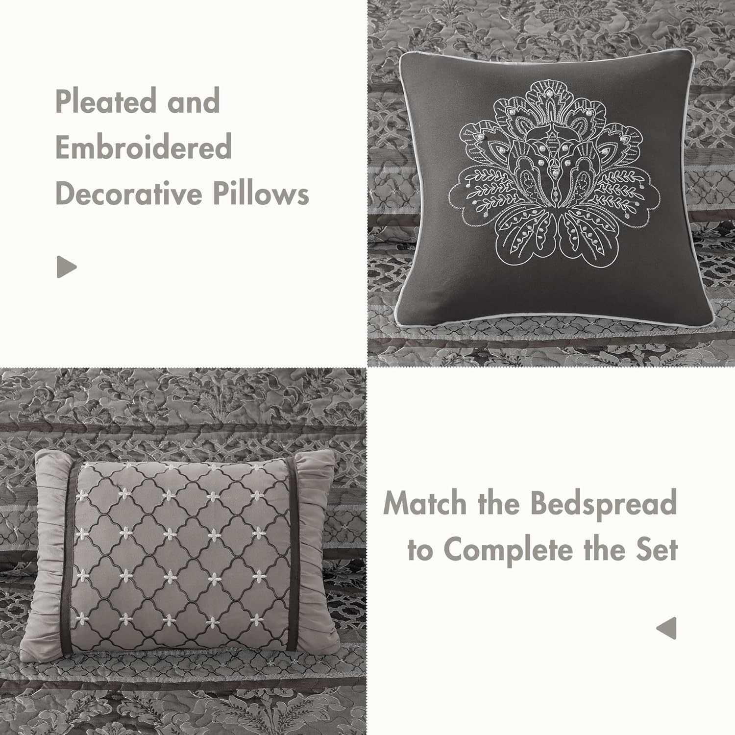 Madison Park Traditional Damask Design All Season, Lightweight Coverlet Bedspread Bedding Set, Matching Shams, Pillows, (120'x118'), Bellagio, Jacquard Grey, 5 Piece