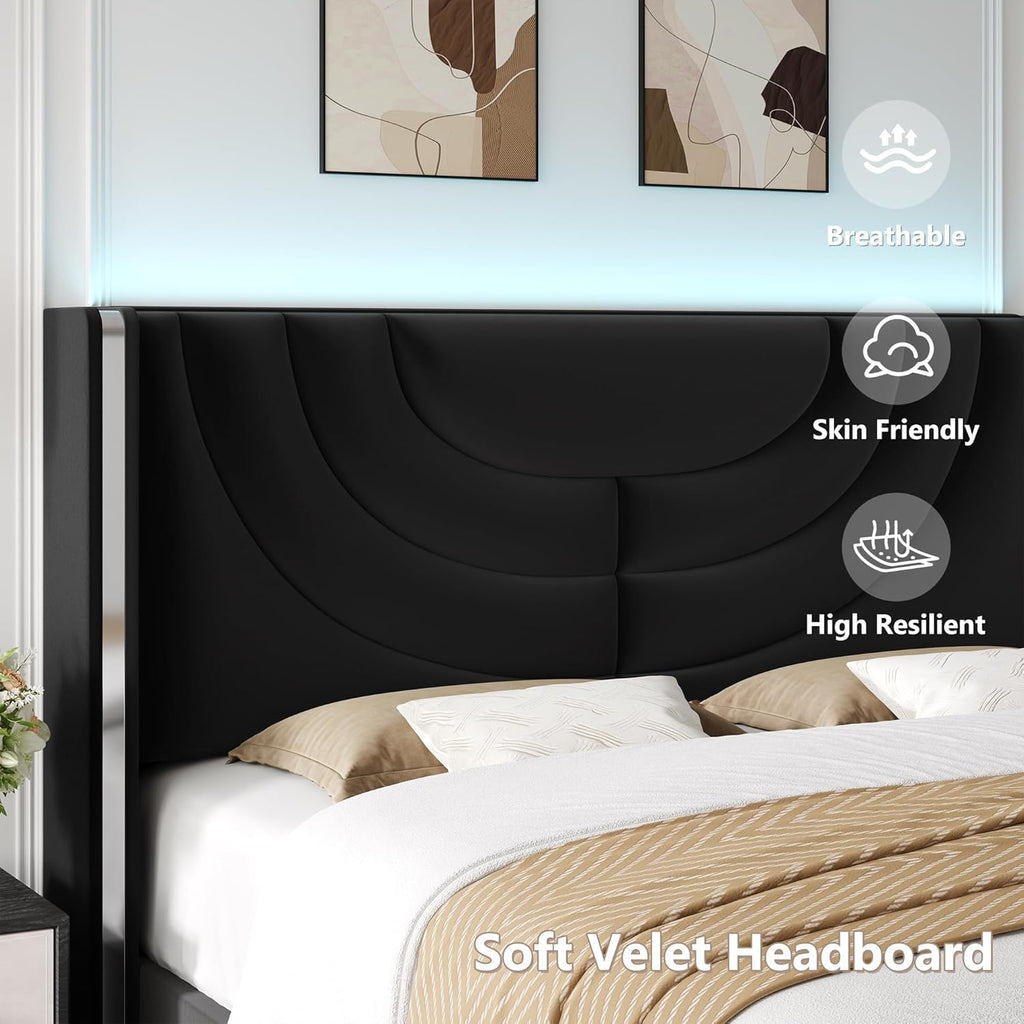 HITHOS Full Upholstered LED Bed Frame with 2 Storage Drawers, Velvet Platform Bed with Wingback Headboard, Solid Wooden Slats Support, No Box Spring Needed, Headboard Splicing Design, Black