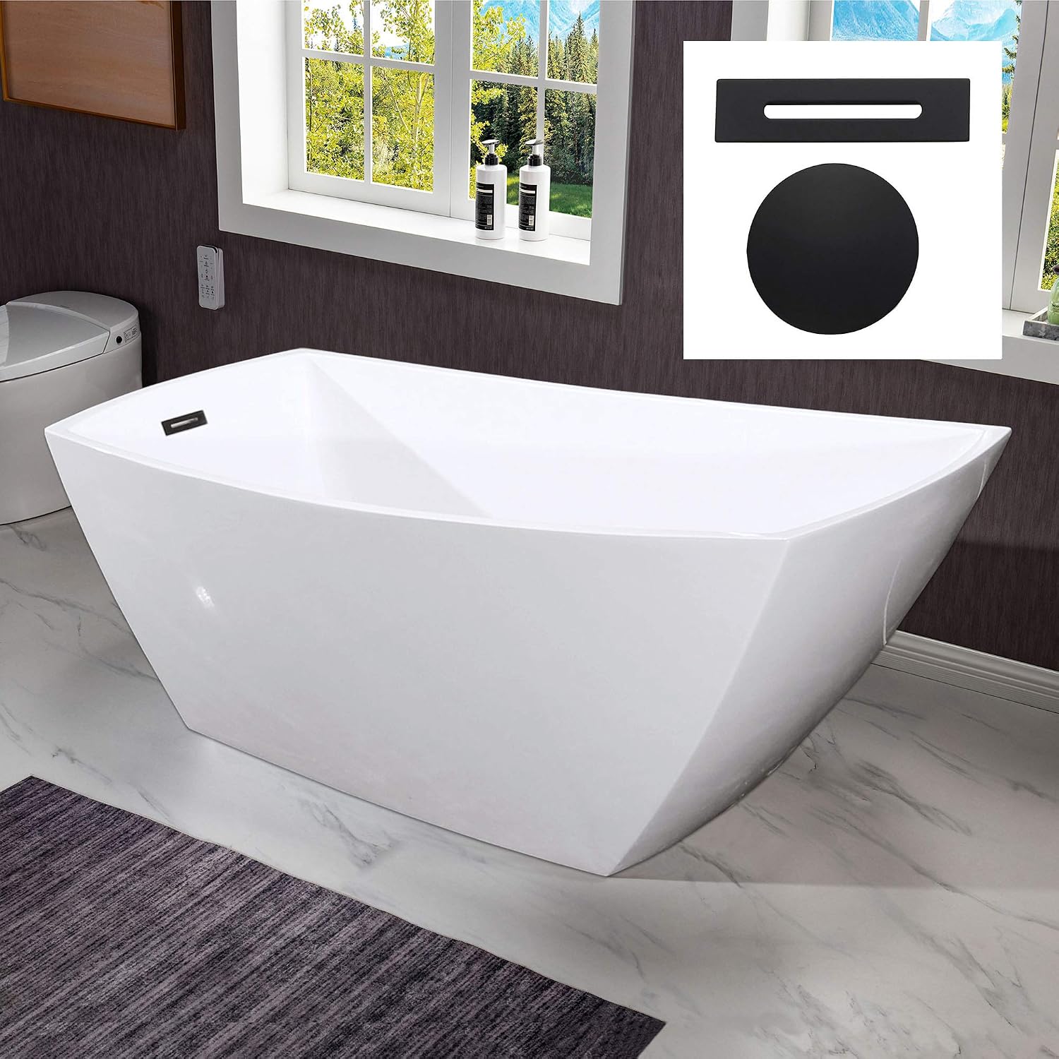 WOODBRIDGE 67'Freestanding White Acylic Soaking Bathtub with Matte Black Drain and Overflow
