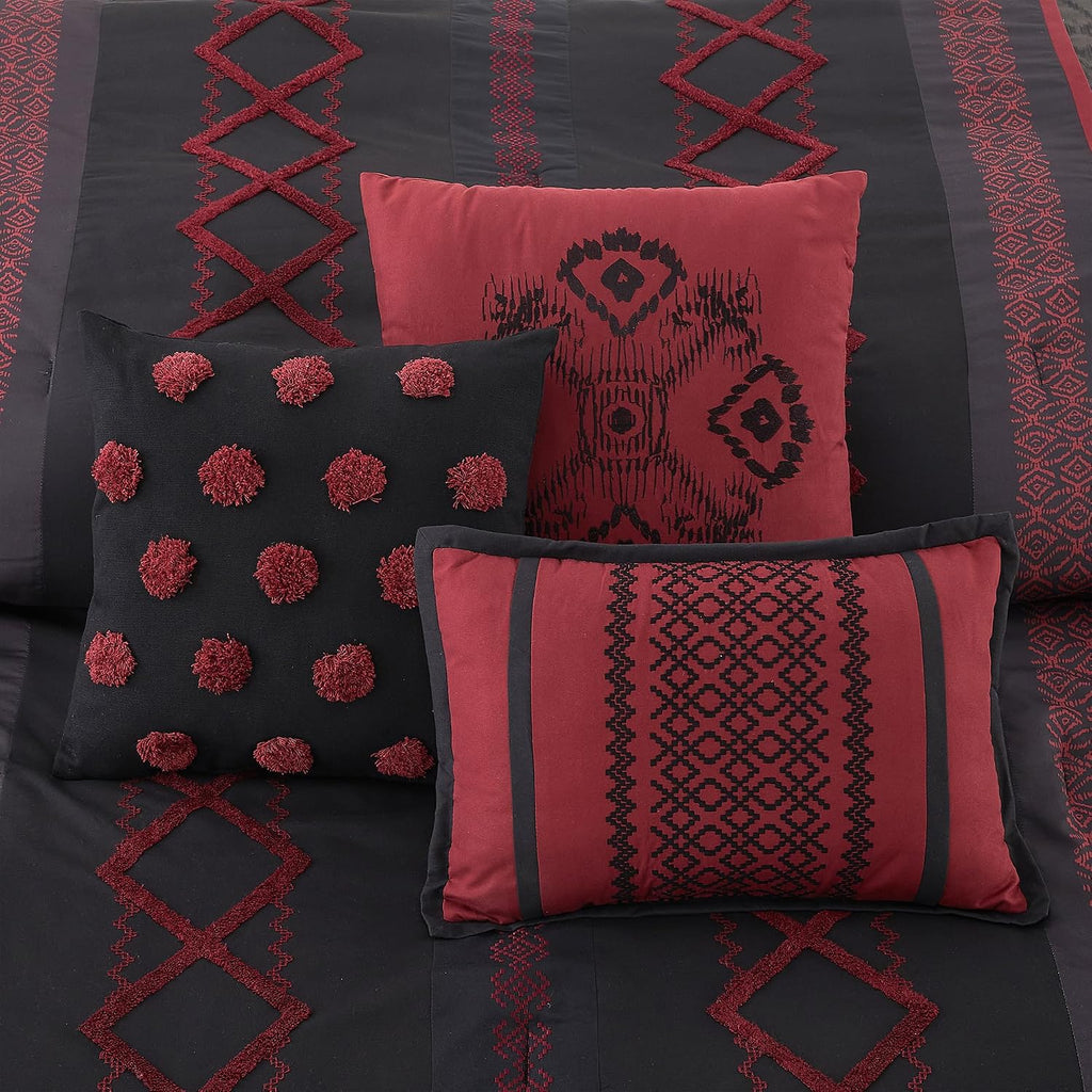 LANCO MODERN LIFESTYLE Black Red Queen Comforter Set, 7 Pieces All Season Bedding Sets in a Bag with Geometric Terry Embroidered Comforter, Bed Skirt, Pillow Shams and Decorative Pillows