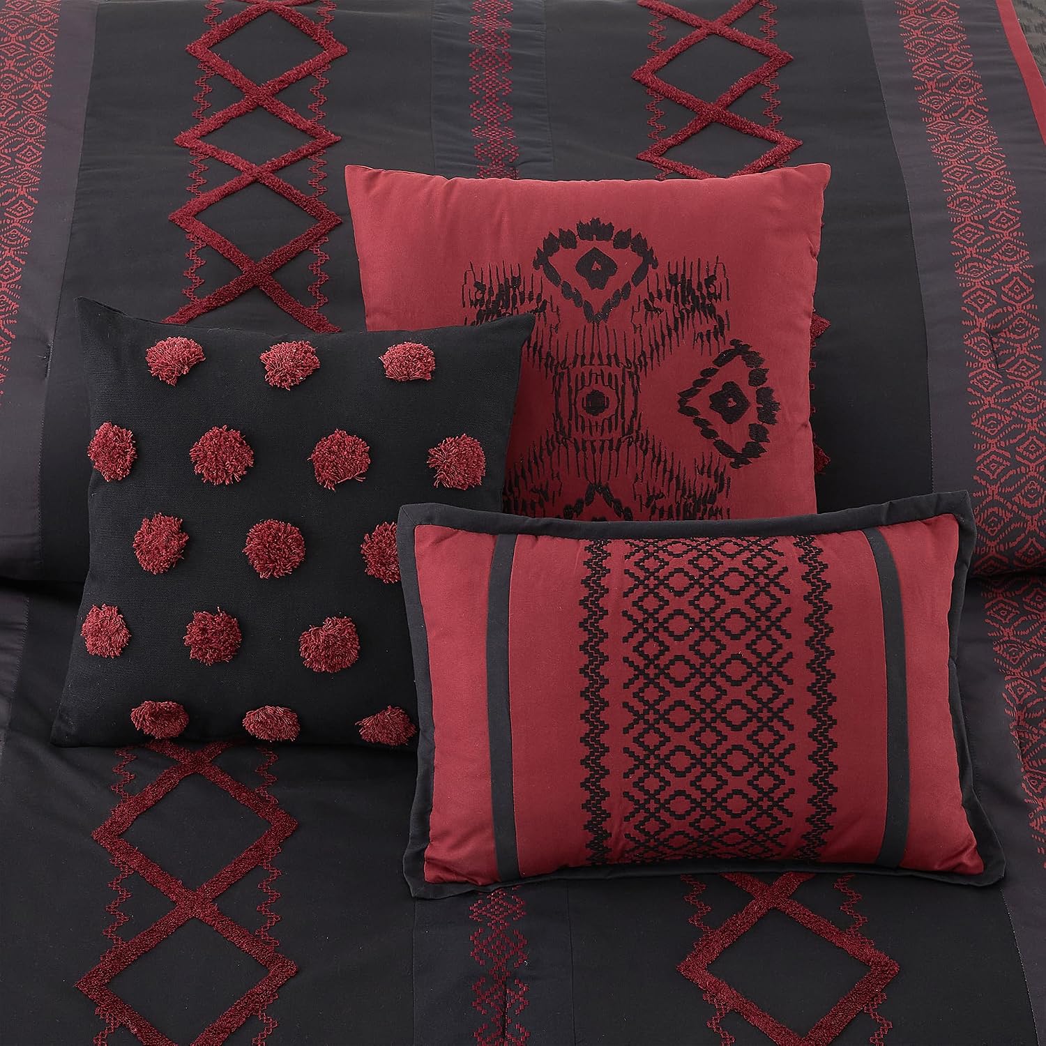 LANCO MODERN LIFESTYLE Black Red Queen Comforter Set, 7 Pieces All Season Bedding Sets in a Bag with Geometric Terry Embroidered Comforter, Bed Skirt, Pillow Shams and Decorative Pillows