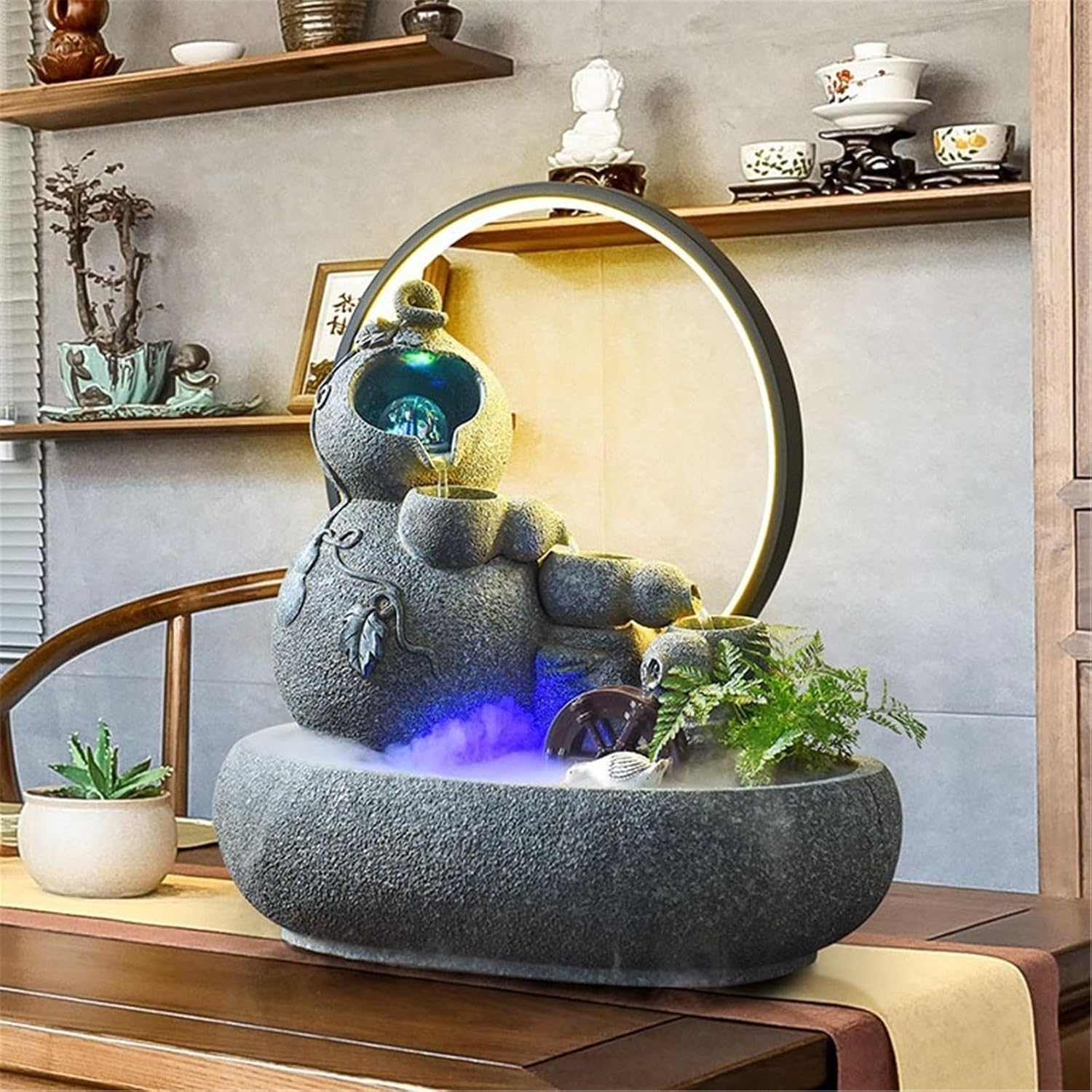 Tabletop Fountain Water Feature Small Waterfall Fountains, Desktop for Meditation Relaxation Decor(Brown)