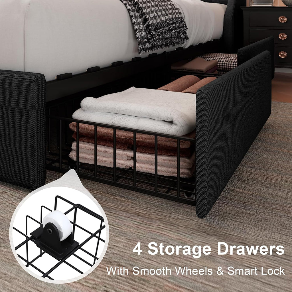 Feonase Upholstered King Size Bed Frame with 4 Storage Drawers, Large Wingback Headboard, No Box Spring Needed, Black