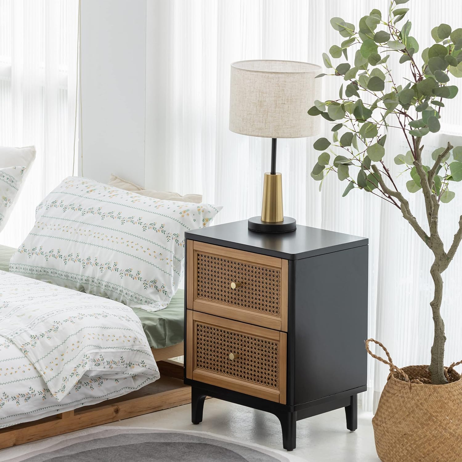 COZAYH 2 Drawer Bedroom Nightstand, Boho Farmhouse Bedside Table - Accent Table Stand with Drawer Organizer Storage and Weave Pattern Front, Black