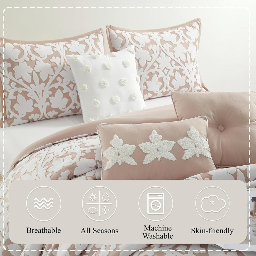 Stratford Park Floral Leaves Comforter Set, Blush California King Size Bedding, 7 Piece Jacquard Bedding Set, All Season, Matching Pillows, Shams, Bed Skirt