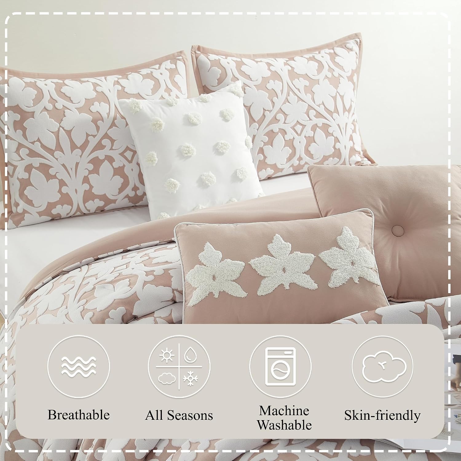 Stratford Park Floral Leaves Comforter Set, Blush California King Size Bedding, 7 Piece Jacquard Bedding Set, All Season, Matching Pillows, Shams, Bed Skirt