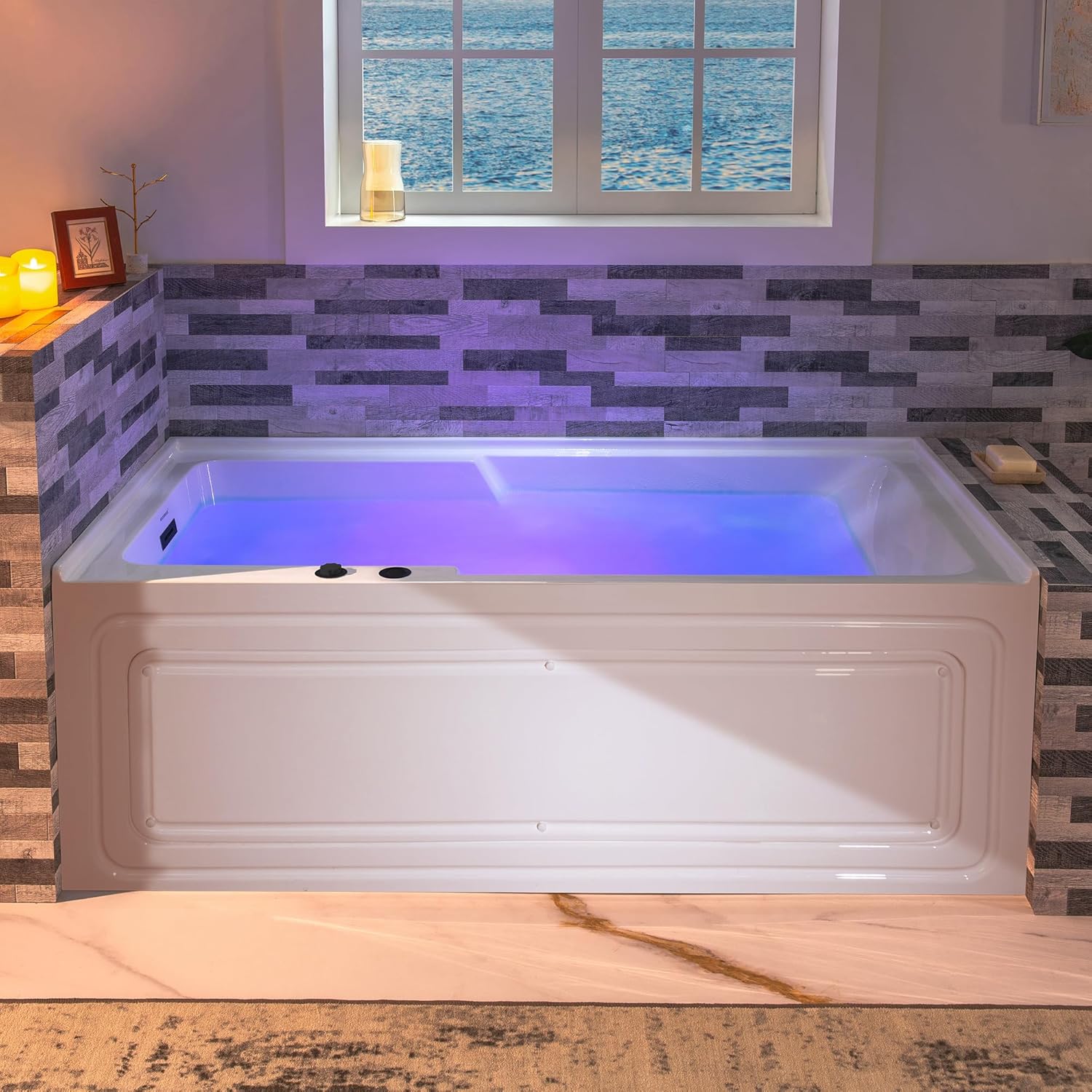 WOODBRIDGE 60' Alcove Acrylic Rectangular Whirlpool Heated Jetted Tub in White with Left Drain, Matte Black pop-up Drain Included BM6030L