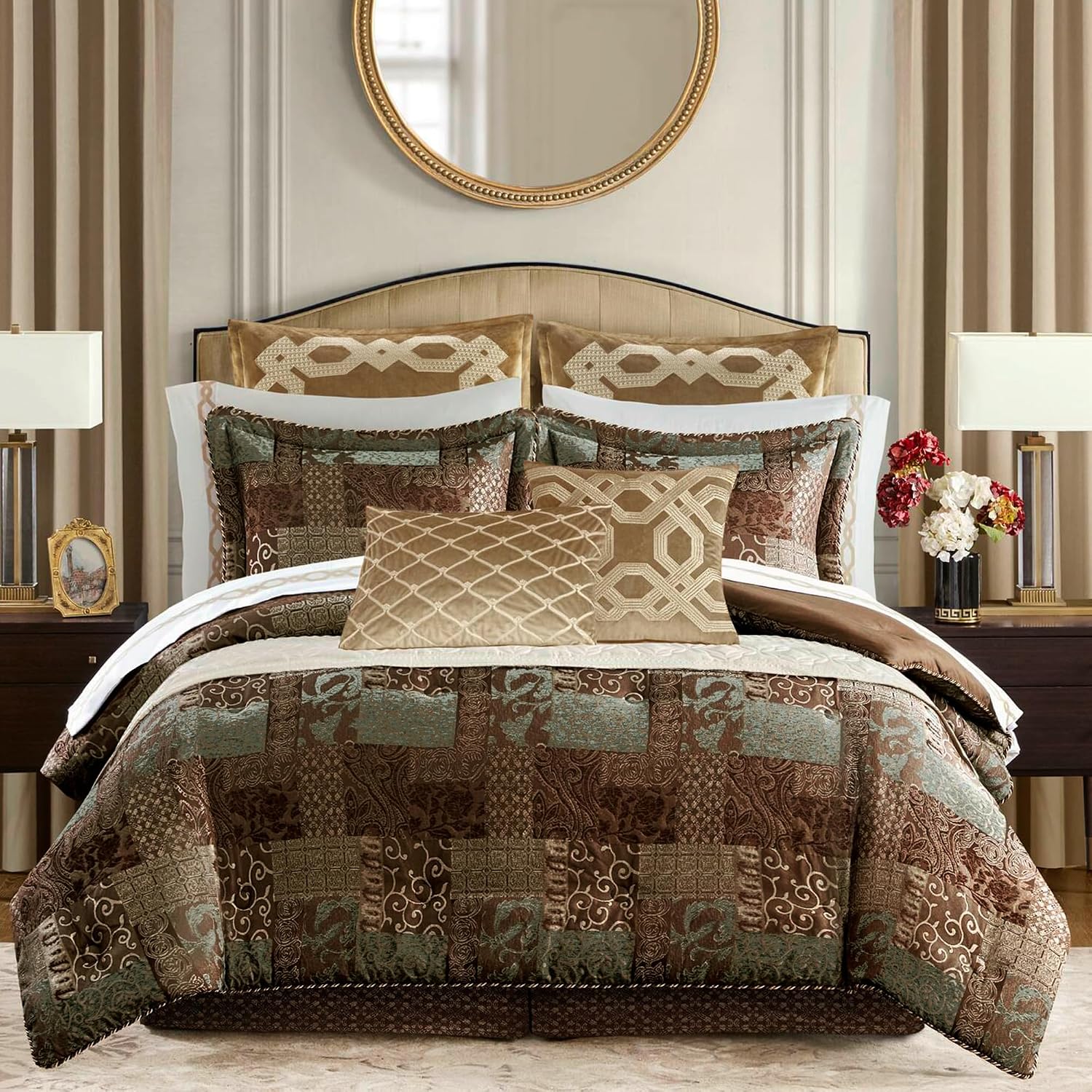 Croscill King Comforter Set, Luxe Chenille Jacquard Patchwork, Microfiber Twill Comforter for a King-Size Bed, Oversized Comforter King Bedding, 2 Shams & Bedskirt, Galleria, King, Brown