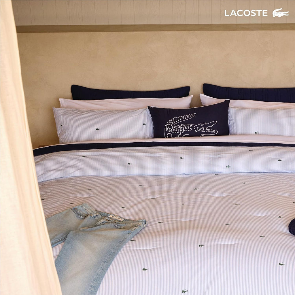 Lacoste Pinstripe Croc Comforter Set, 100% Percale Cotton 180TC, Breathable All Season Bedding with Embroidered Crocodile Logo, Blue, Full/Queen