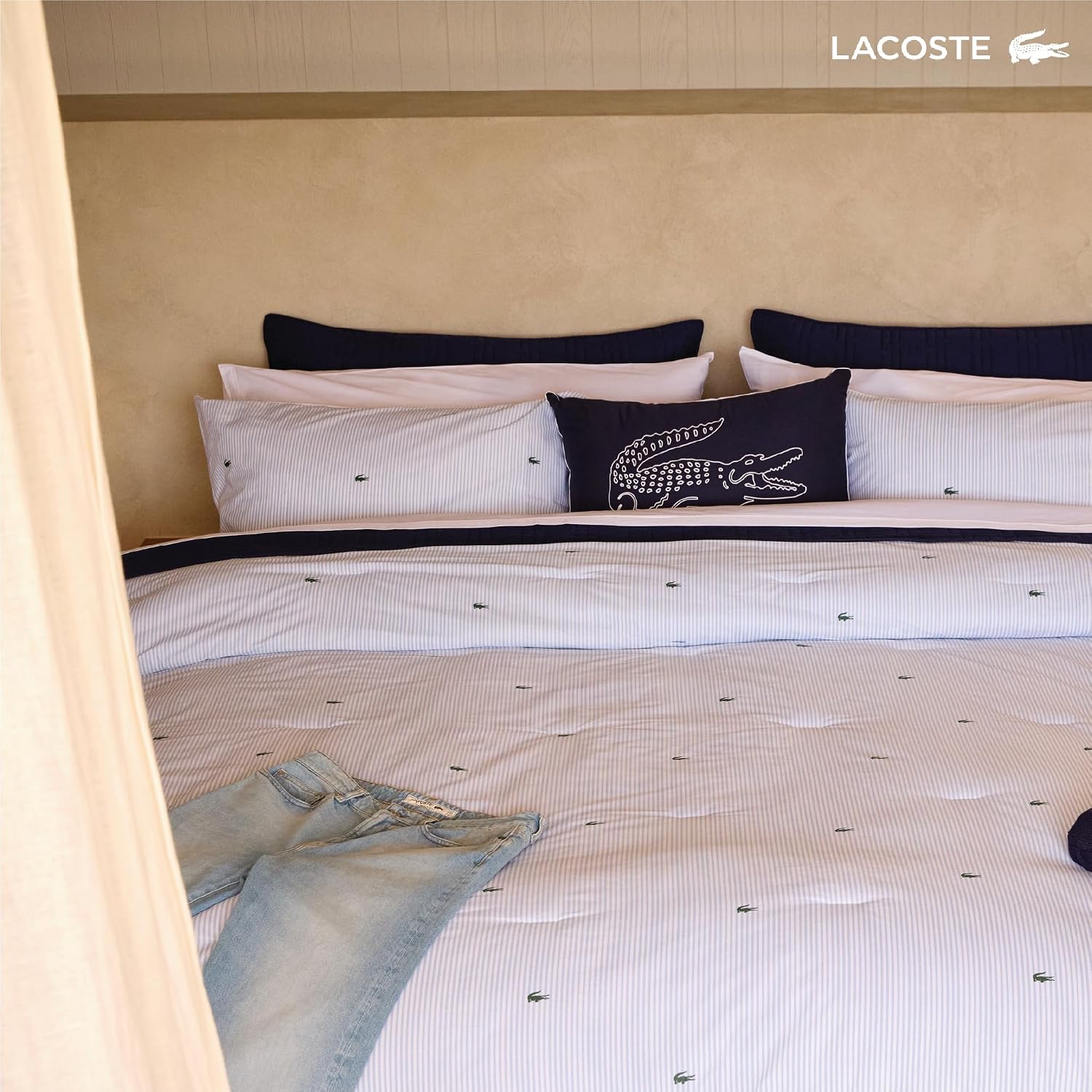 Lacoste Pinstripe Croc Comforter Set, 100% Percale Cotton 180TC, Breathable All Season Bedding with Embroidered Crocodile Logo, Blue, Full/Queen
