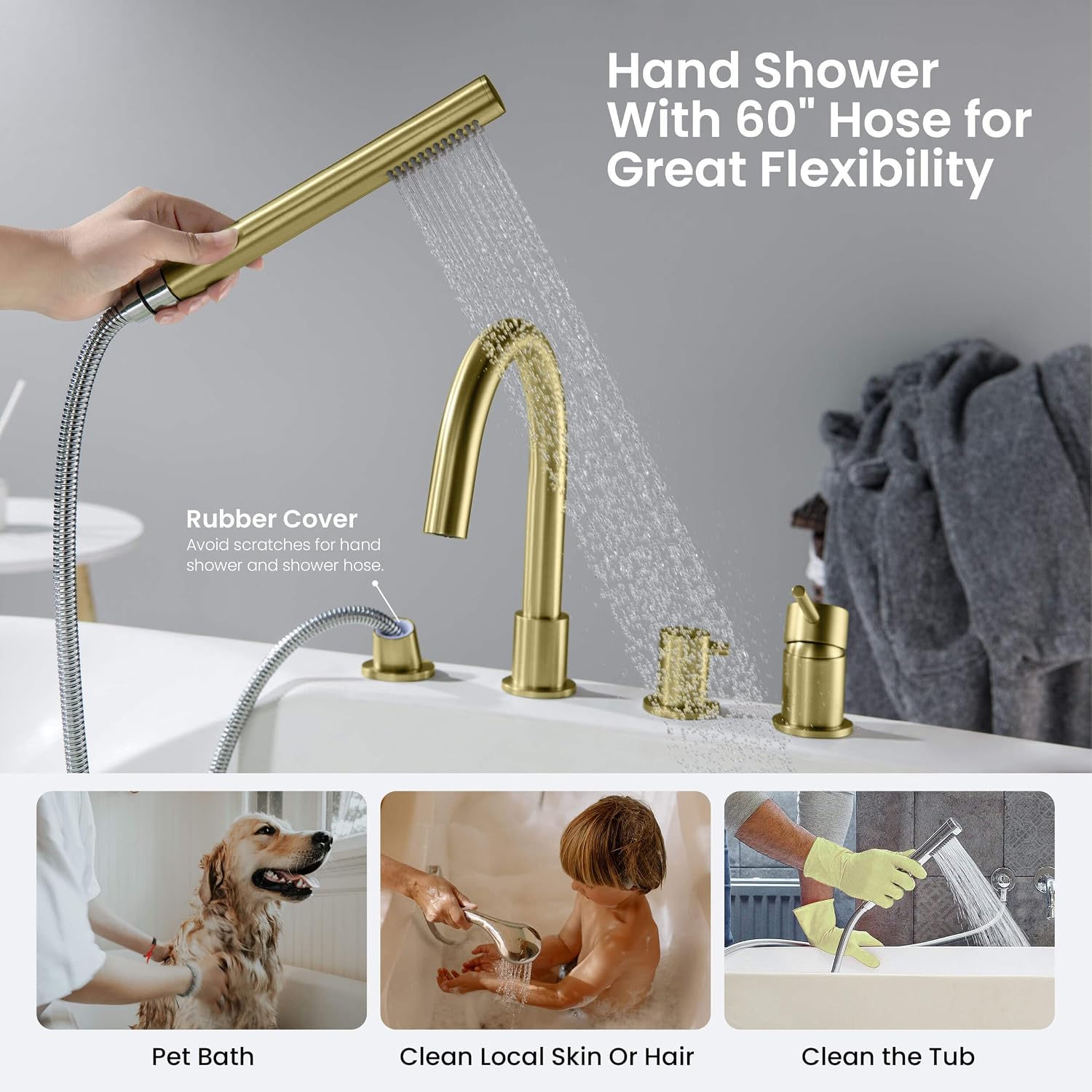 KIBI Circular Roman Tub Faucet with Hand Shower, Deck Mounted Bathtub Faucet Set – Single Handle Solid Brass Bathroom Tub Filler with Diverter, Brushed Gold (KTF3101)