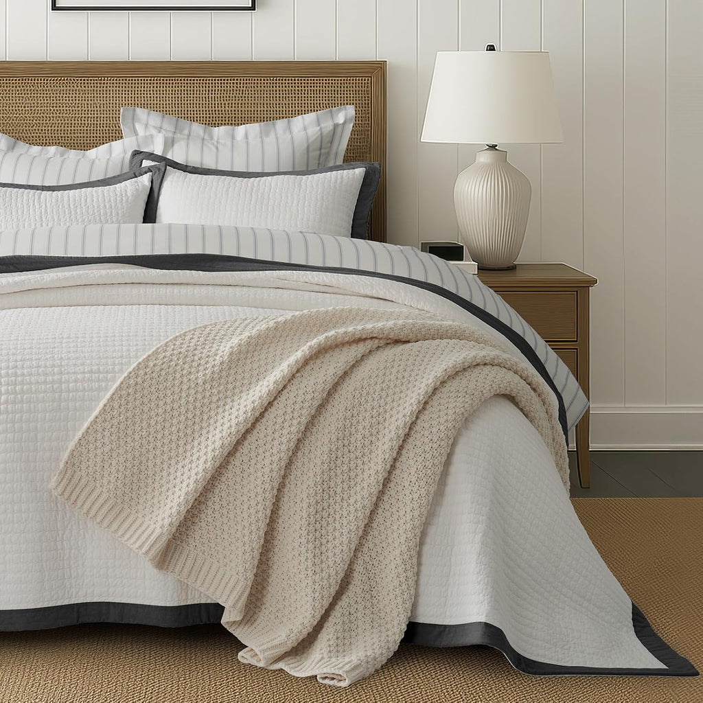 EVERGRACE Cotton Border Frame Tack-Stitch Quilt Bedding Set Queen Size, Coastal Oversized 3 Pieces Lightweight Bedspread Coverlet for All Season, with 2 Matching Shams, Washed Black