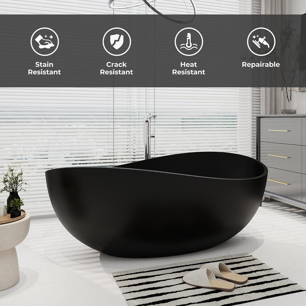 SJ STAR&JANE 63' x 38' Solid Surface Freestanding Bathtub, Oval Soaking Tub with Overflow and Pop-up Drain for Bathroom Matte Black