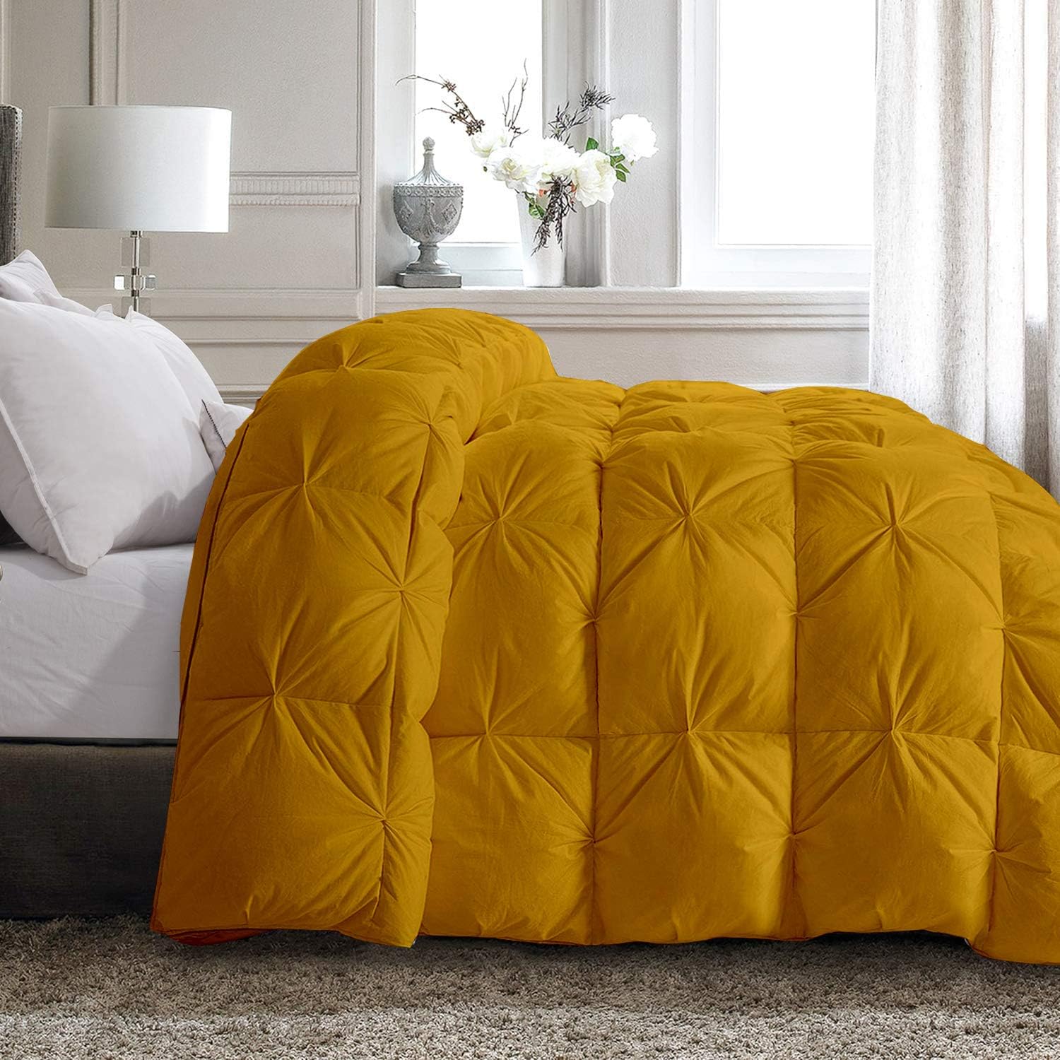 Pinch Pleated Gold 5 Piece Soft 500 GSM California Queen Size Comforter Set (Comforter + 4 Pillowcases) 1000 Series Egyptian Cotton Comforter Set