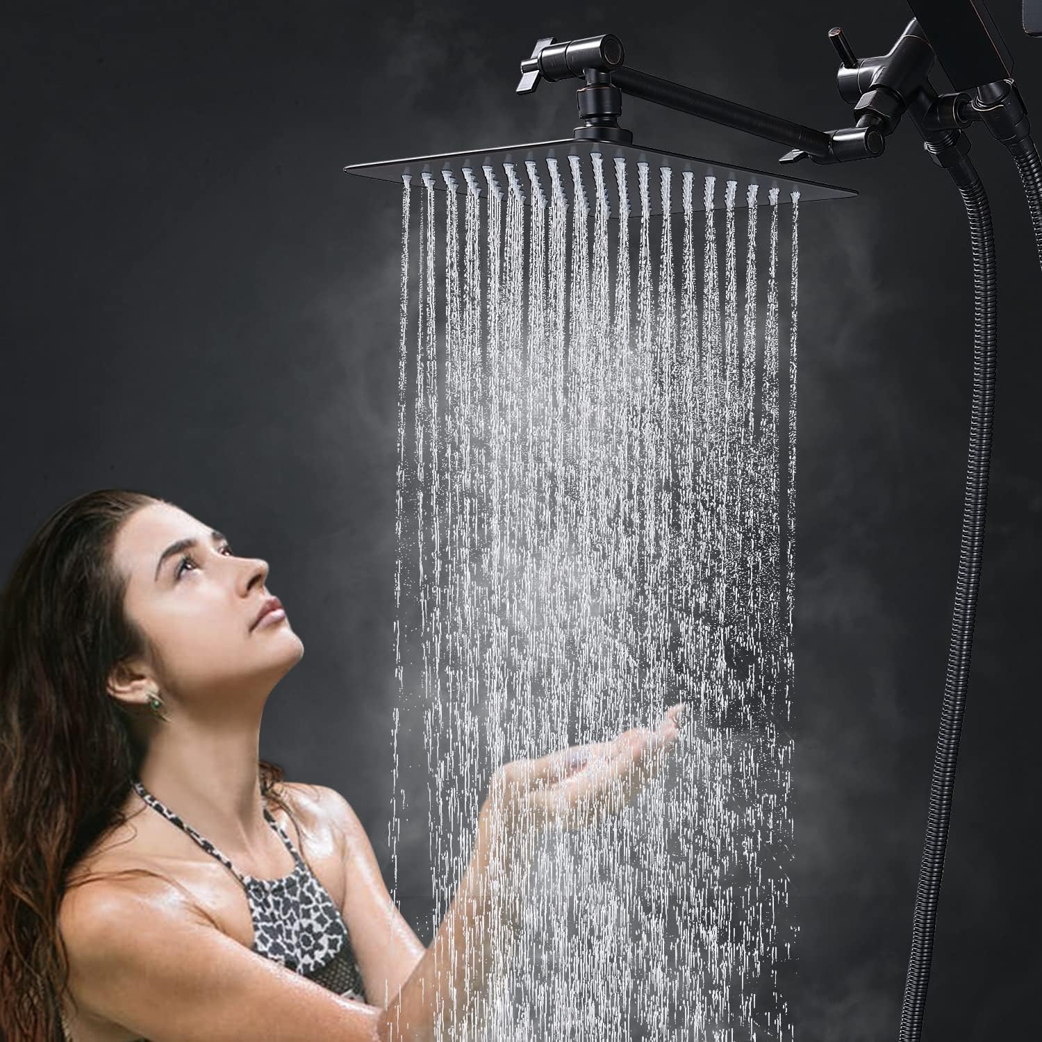 G-Promise All Metal 8 Inch Dual Square Shower Head with Handheld Combo, Rain Shower Head, Adjustable Extension Arm, 3-Way Diverter, 71 Inch Extra Long Hose - A Bathroom Upgrade (Oil Rubbed Bronze)