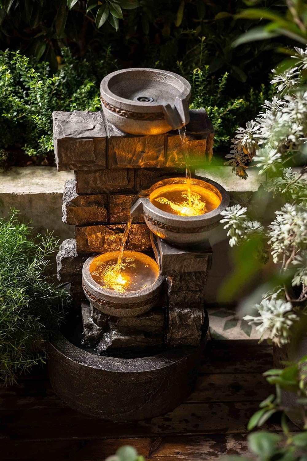 Water Fountian Outdoor - 3 Tiered Bowls Floor Stacked Stone Pump Waterfall Fountain,Good Rest Stop for Bird,Provide Flowing Water Feature for Outside Garden,Backyard,Lawn,27 Inch Tall