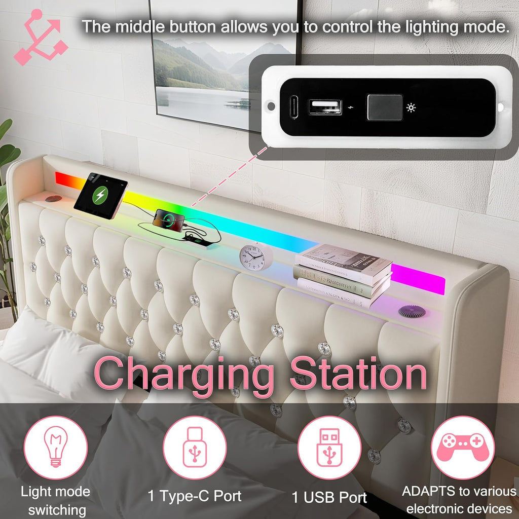 Queen Bed Frame with Bluetooth Speakers,USB & Type-C Charging Station & LED Headboard and Footboard & 4 Drawers Storage,Wooden Slats Support,Velvet Upholstered Bed,Easy Assembly,Beige