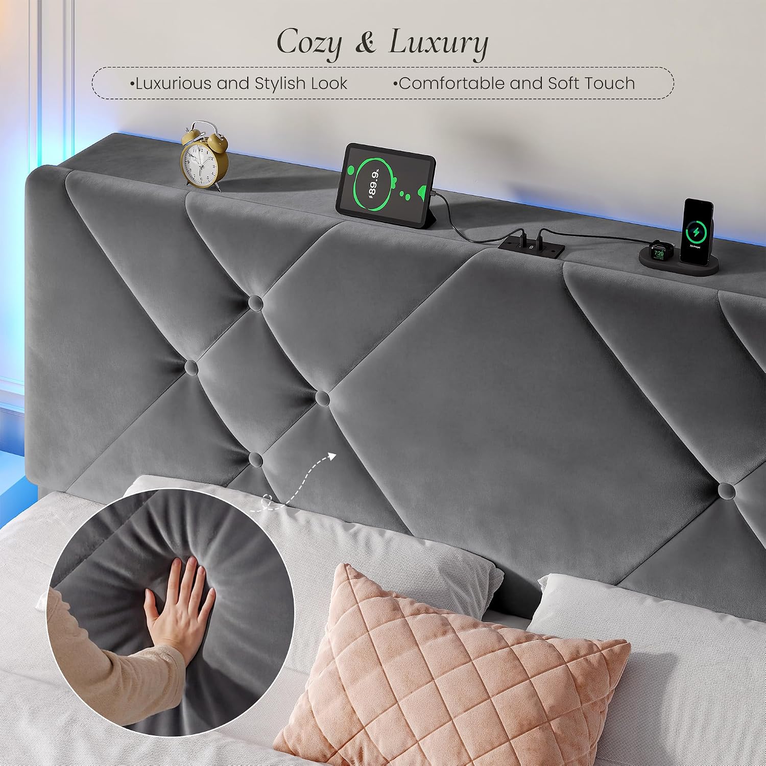 EnHomee Queen Size Platform Bed Frame with Adjustable Headboard and LED Lights, Button Tufted Velvet Headboard with Charging Station, No Box Spring Needed,Easy Assembly，Grey