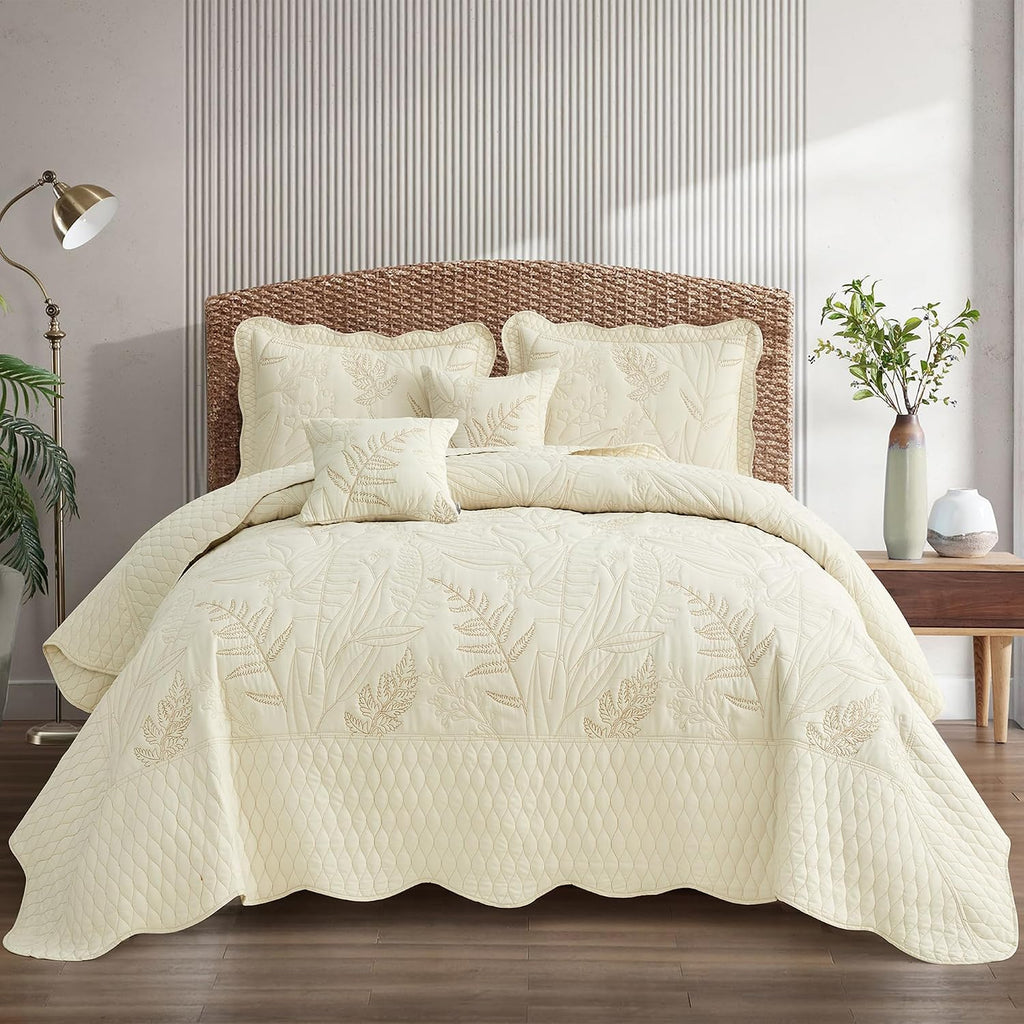 DaisyHuang Botanical Oversized Bedspread Queen Size - Leaves Pattern Stitching Quilt Set - Elegant & Fresh Style Bedding Coverlets, Reversible, Lightweight, 5 Piece, Ivory