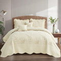DaisyHuang Botanical Oversized Bedspread Queen Size - Leaves Pattern Stitching Quilt Set - Elegant & Fresh Style Bedding Coverlets, Reversible, Lightweight, 5 Piece, Ivory