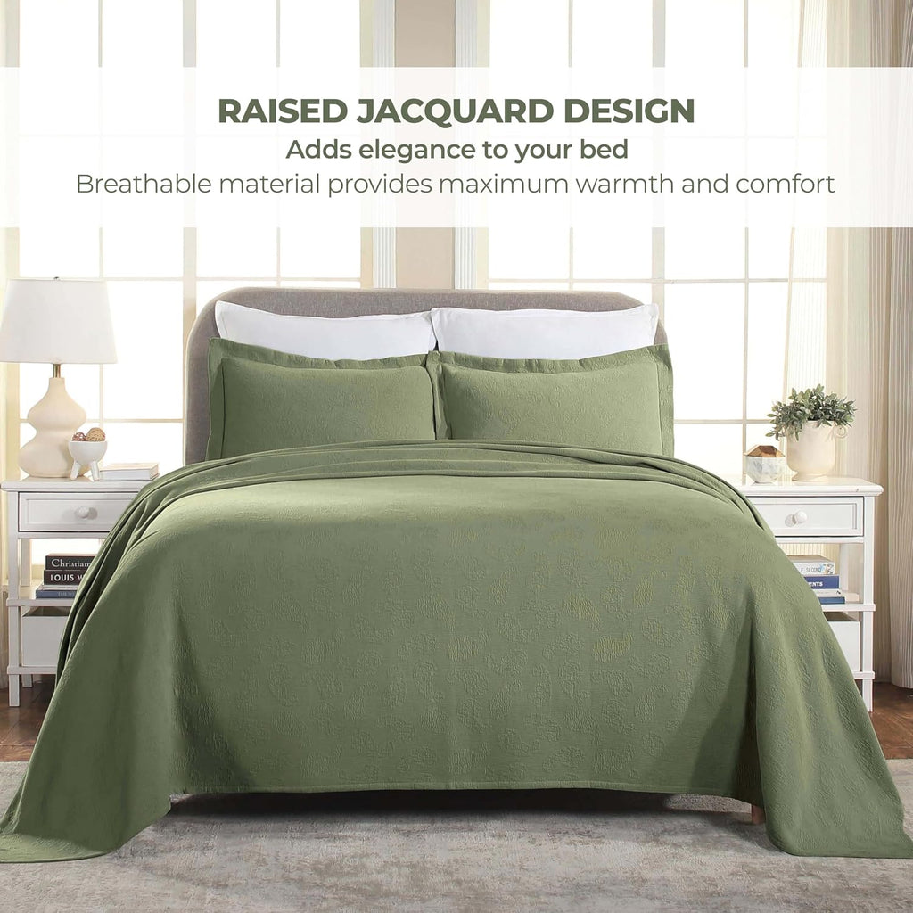 Superior Paisley Cotton 3 Piece Bedspread Set, Home Bed Decor, Decorative Textured Bed Spread, 2 Pillow Shams, Airy Blanket, Matelasse Coverlet Bedding, Vintage Floral Design, King, Sage