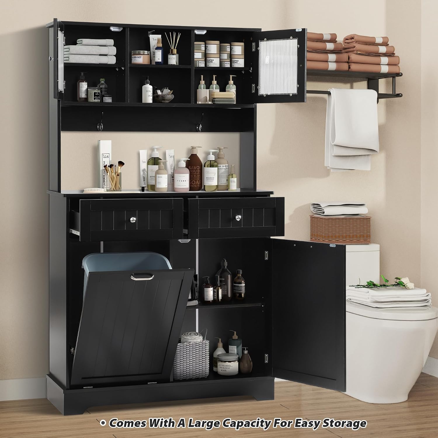 Tilt Out Trash Cabinet,Storage Cabinet,Two Solid Wood Hideaway Trash Holder Drawers,Wooden Freestanding Recycling Cabinets,Trash Can for Kitchen,Black
