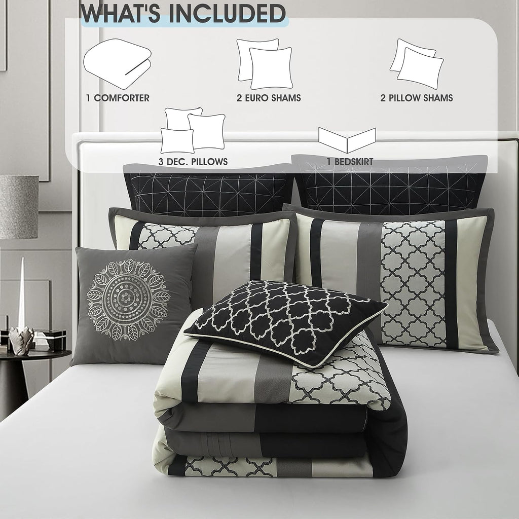 LANCO MODERN LIFESTYLE Queen Comforter Set, Black Gray Bedding Set, Jacquard Woven with Embroidery, 8 Pieces Bed in a Bag, Bed Skirt, Shams and Decorative Pillows