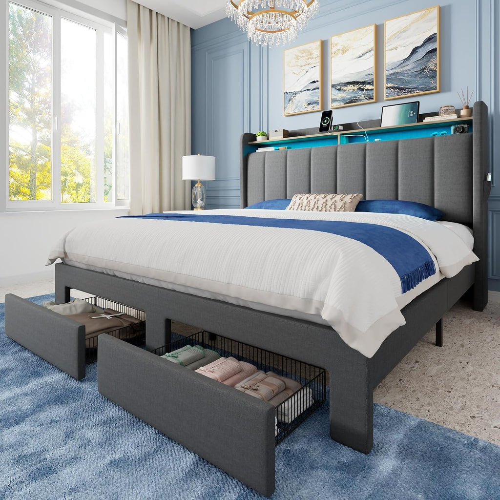 Allewie Vertical Tufted Queen Upholstered Platform Bed Frame with 2-Tier LED Storage Headboard & 2 Storage Drawers, USB & Type-C Charging Ports, Noise-Free/No Box Spring Needed, Dark Grey