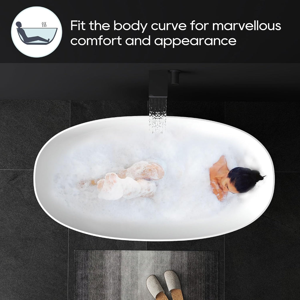 SJ STAR&JANE 51' Solid Surface Freestanding Bathtub, Stone Resin Oval Soaking Tub, Matte White，with Pop-up Drain & Overflow