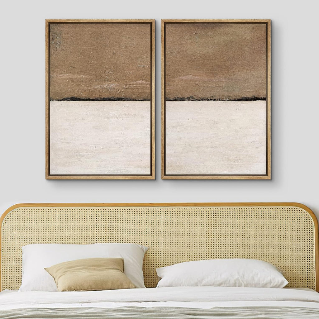MUDECOR Framed Canvas Print Wall Art Set Brown Tan Pastel Landscape Abstract Shapes Illustrations Modern Art Decorative Bohemian Calm/Zen for Living Room, Bedroom, Office - 24'x36'x2 Natural