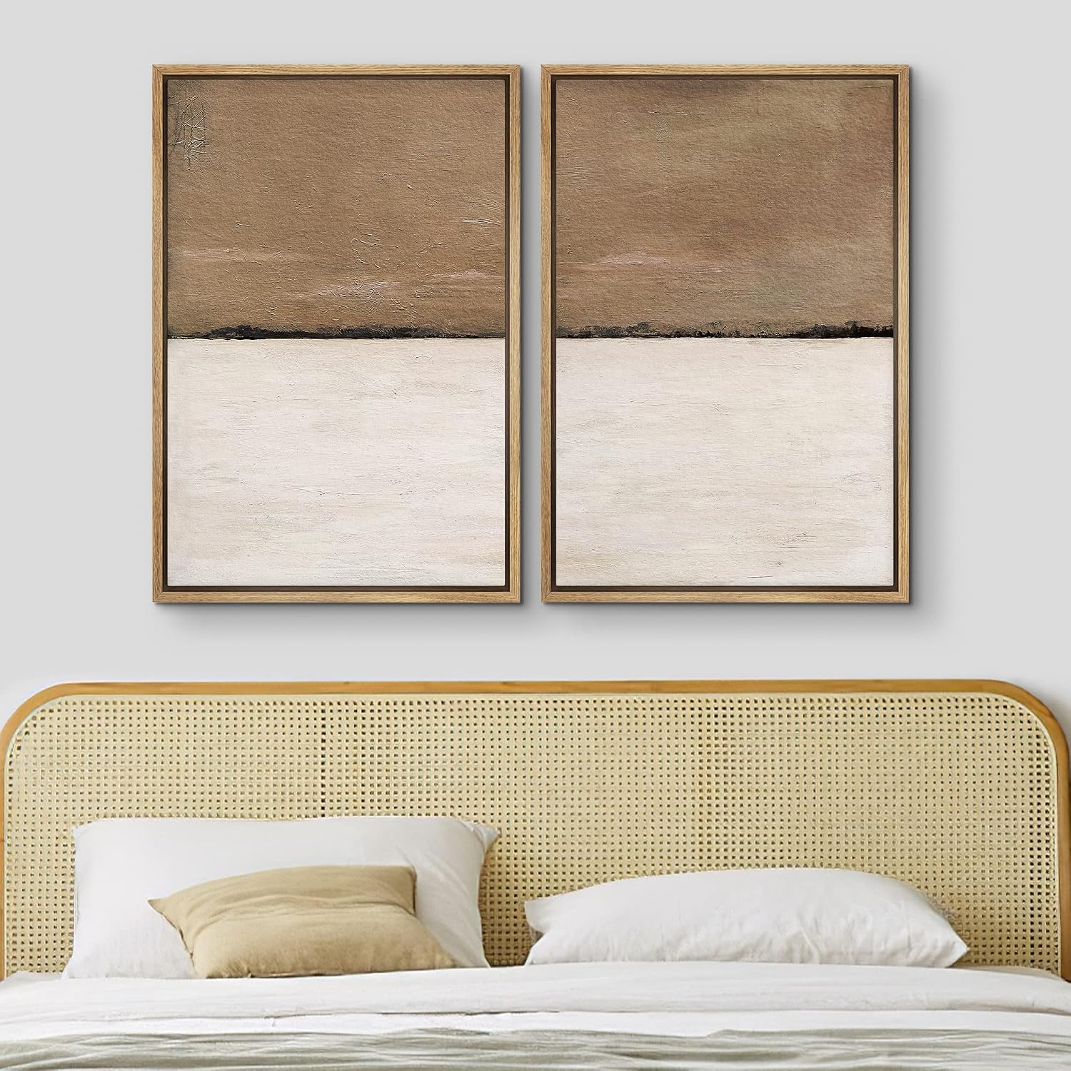 MUDECOR Framed Canvas Print Wall Art Set Brown Tan Pastel Landscape Abstract Shapes Illustrations Modern Art Decorative Bohemian Calm/Zen for Living Room, Bedroom, Office - 24'x36'x2 Natural