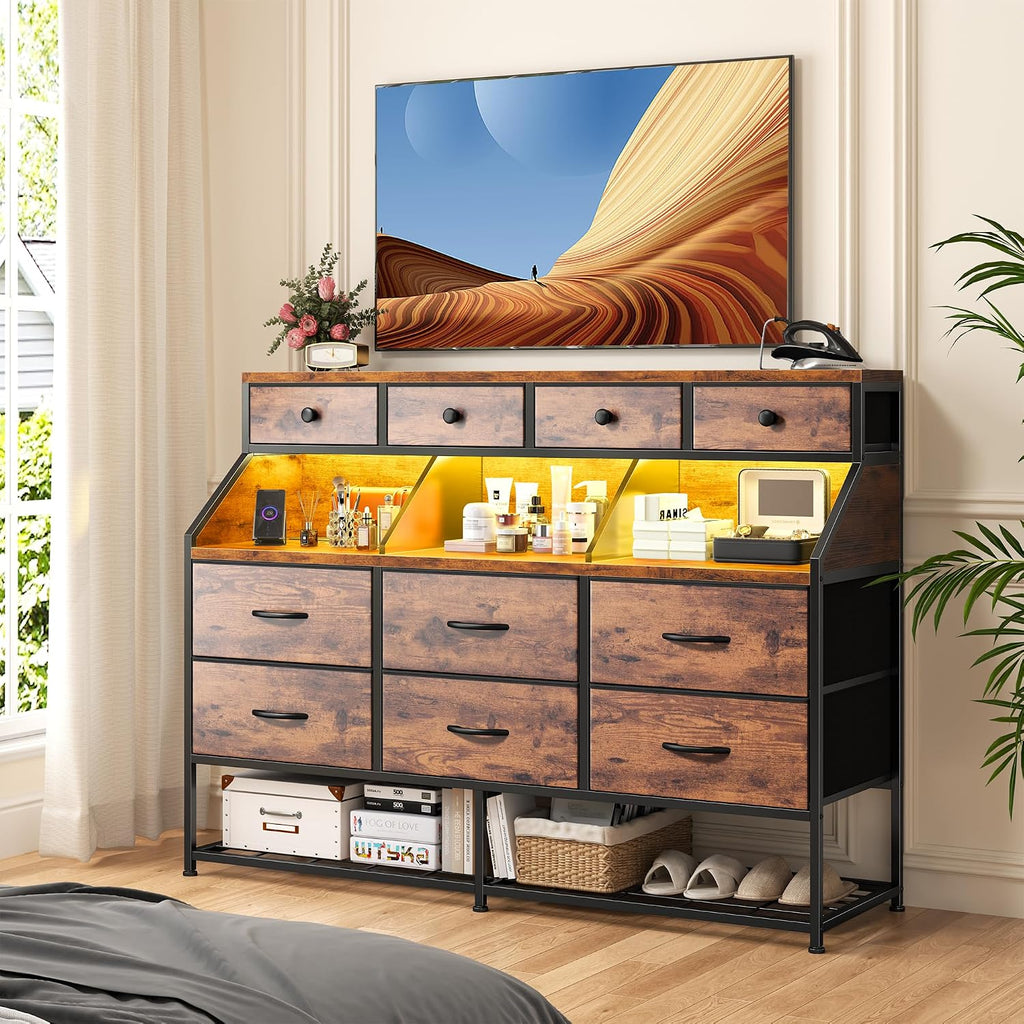 EnHomee Dresser for Bedroom with 10 Drawers & Shoe Rack Fabric Dressers & Chests of Drawers with LED Lights and Power Outlets Bedroom Dresser for Entryway, Hallway (Rustic Brown)