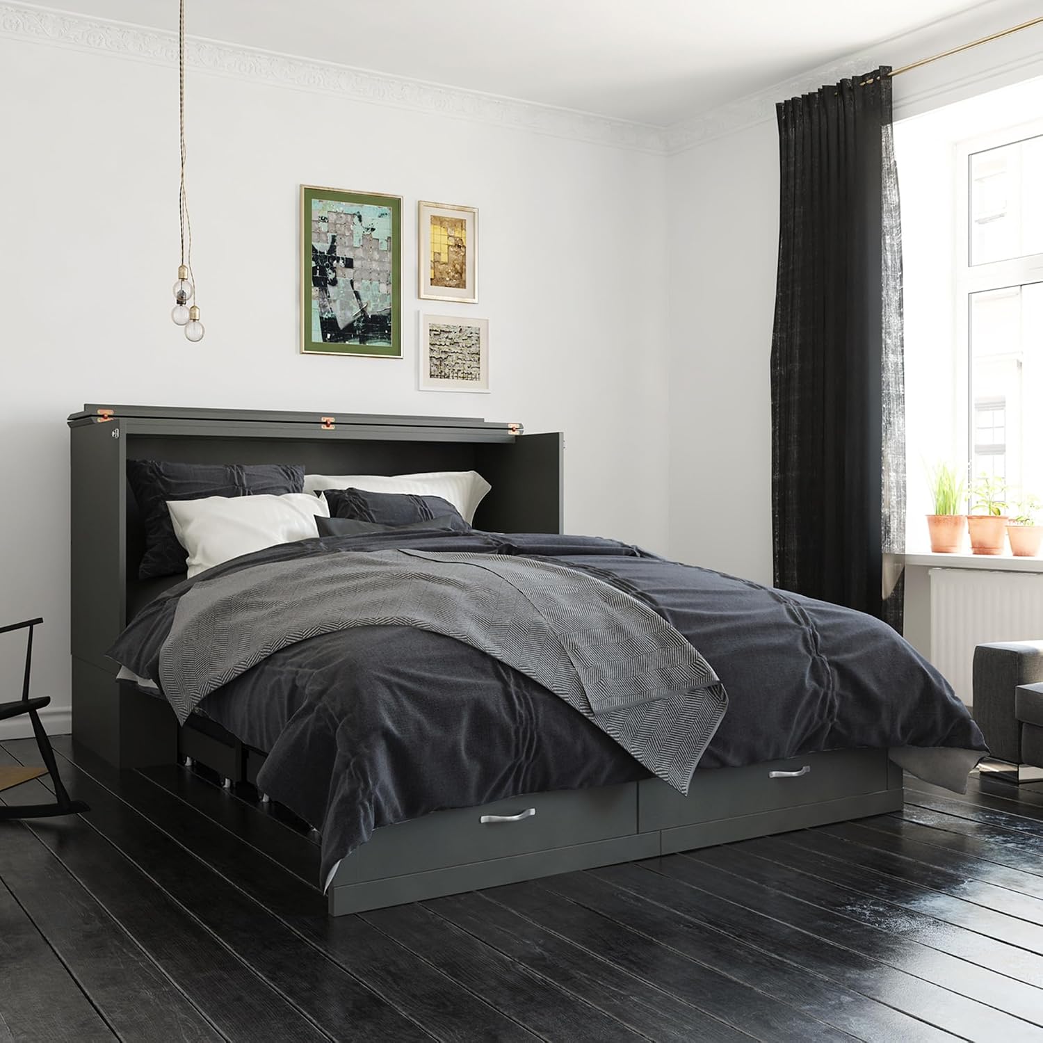 AFI Hamilton Queen Murphy Bed Chest with Mattress, Storage, and Built-in Charger in Grey