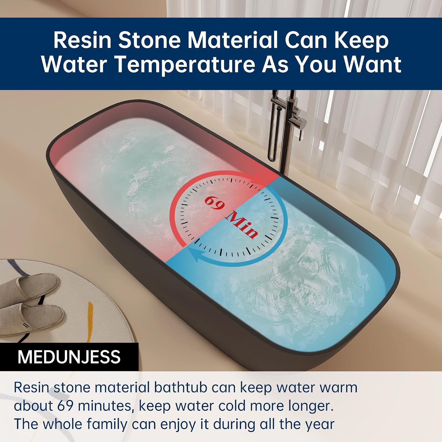67'' Black Bathtub,Stone Resin Solid Surface Freestanding Bathtub, Modern Elegant Design Soaking Stand Alone Tub, Matte Black, Drain and Overflow Included
