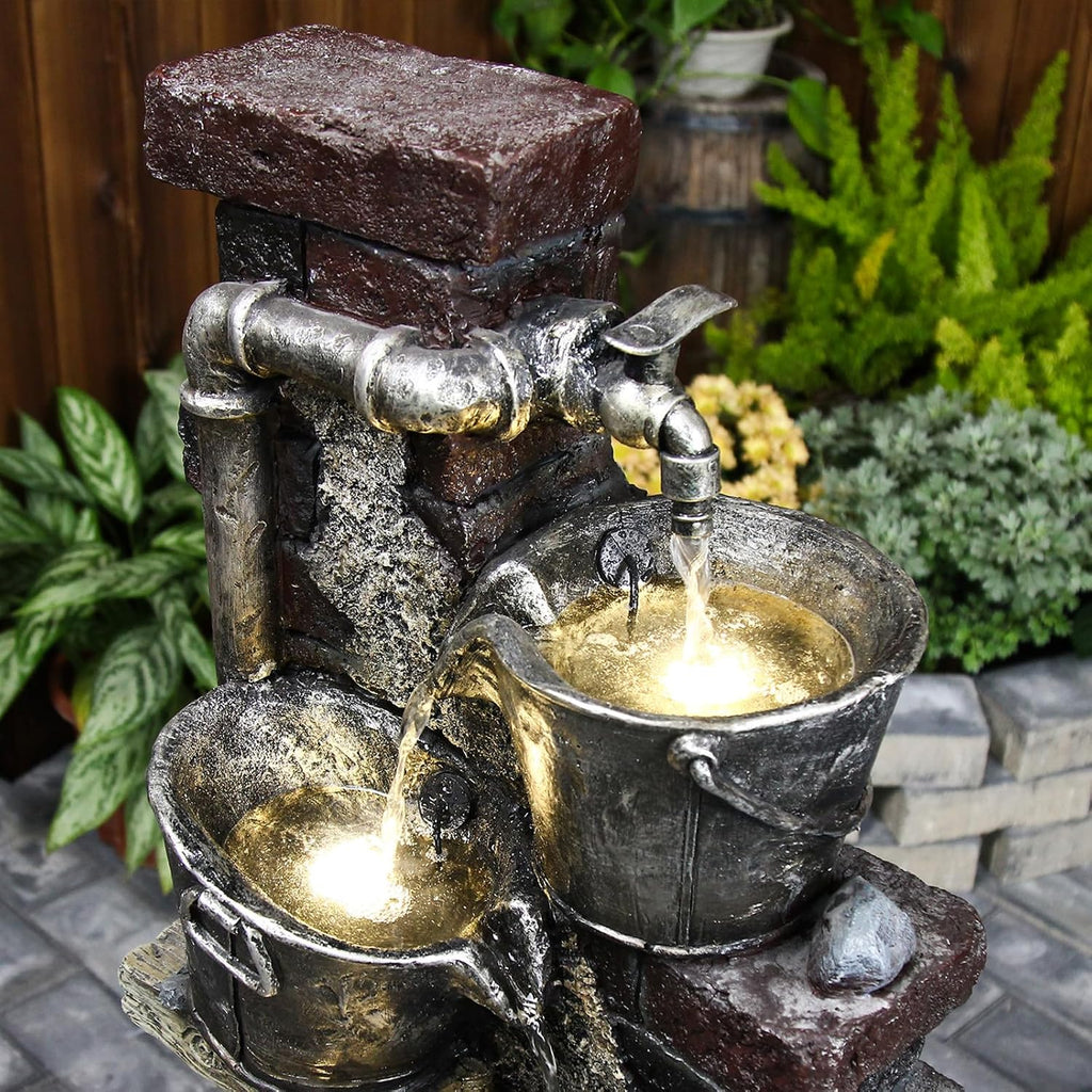 YZM 39.37' H Water Fountain Outdoor Faucet Waterfall Fountains 5-Tier Outdoor Fountain Water Feature Patio Backyard Lawn Garden Decor for Outside with LED Lights