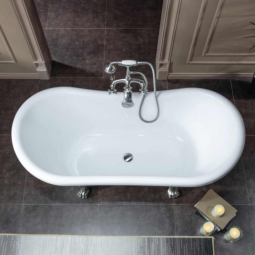 WOODBRIDGE All Inclusive Package 59' Heavy Duty Acrylic Double Slipper Clawfoot Bath Tub with Brushed Nickel Feet+B/N Drain &Overflow+B/N Faucet
