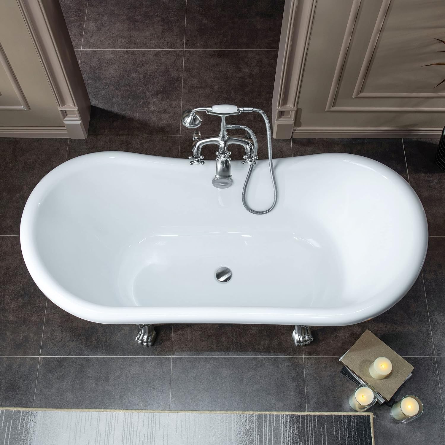 WOODBRIDGE All Inclusive Package 59' Heavy Duty Acrylic Double Slipper Clawfoot Bath Tub with Brushed Nickel Feet+B/N Drain &Overflow+B/N Faucet