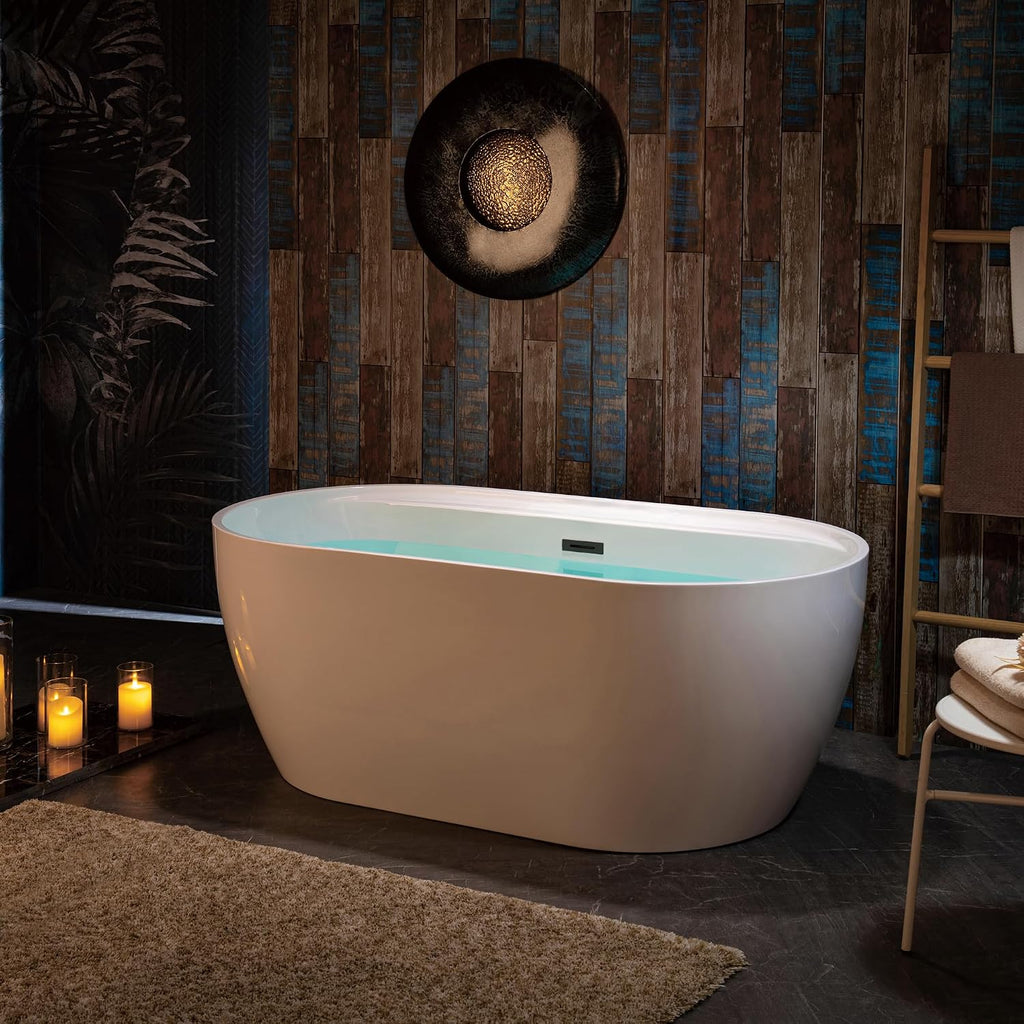 WOODBRIDGE 59' Acrylic Freestanding Bathtub Contemporary Soaking White Tub with Matte Black Overflow and Drain,White,B0064 MB