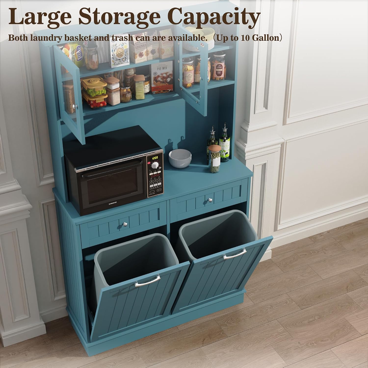 Double Tilt Out Trash Cabinet Storage Cabinet 20 Gallon with Two Solid Wood Hideaway Trash Holder Drawers, Dual Wooden Free Standing Recycling Cabinets Can Bin Kitchen (Teal Blue)