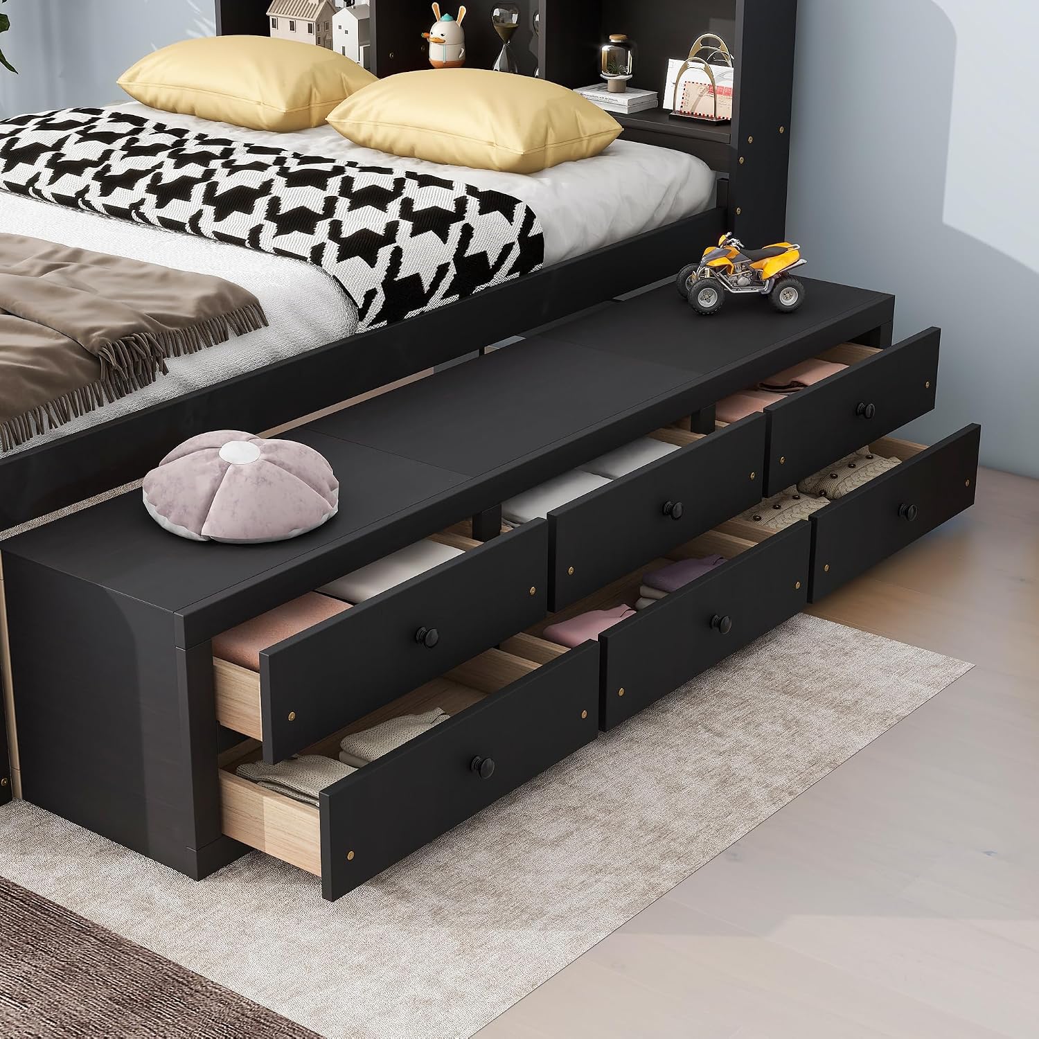 Modern Full Size Platform Bed with Bookcase Storage Headboard, Wood Captain Platform Bed Frame with 6 Drawers and Bed End Storage Case, Sturdy Slat Support, Maximize Space (Espresso-I4)