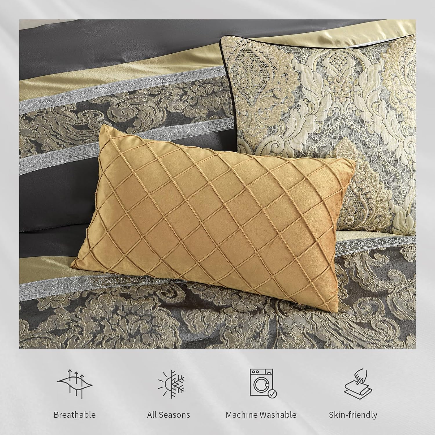 Finlonte Queen Size Comforter Set, Gray Gold, 7 Piece Bed in a Bag All Seasons, Luxury Vintage Floral Jacquard Patchwork Grey Stripe, Silky Soft Bedding Sets with Bed Skirt, Shams and Decor Pillows