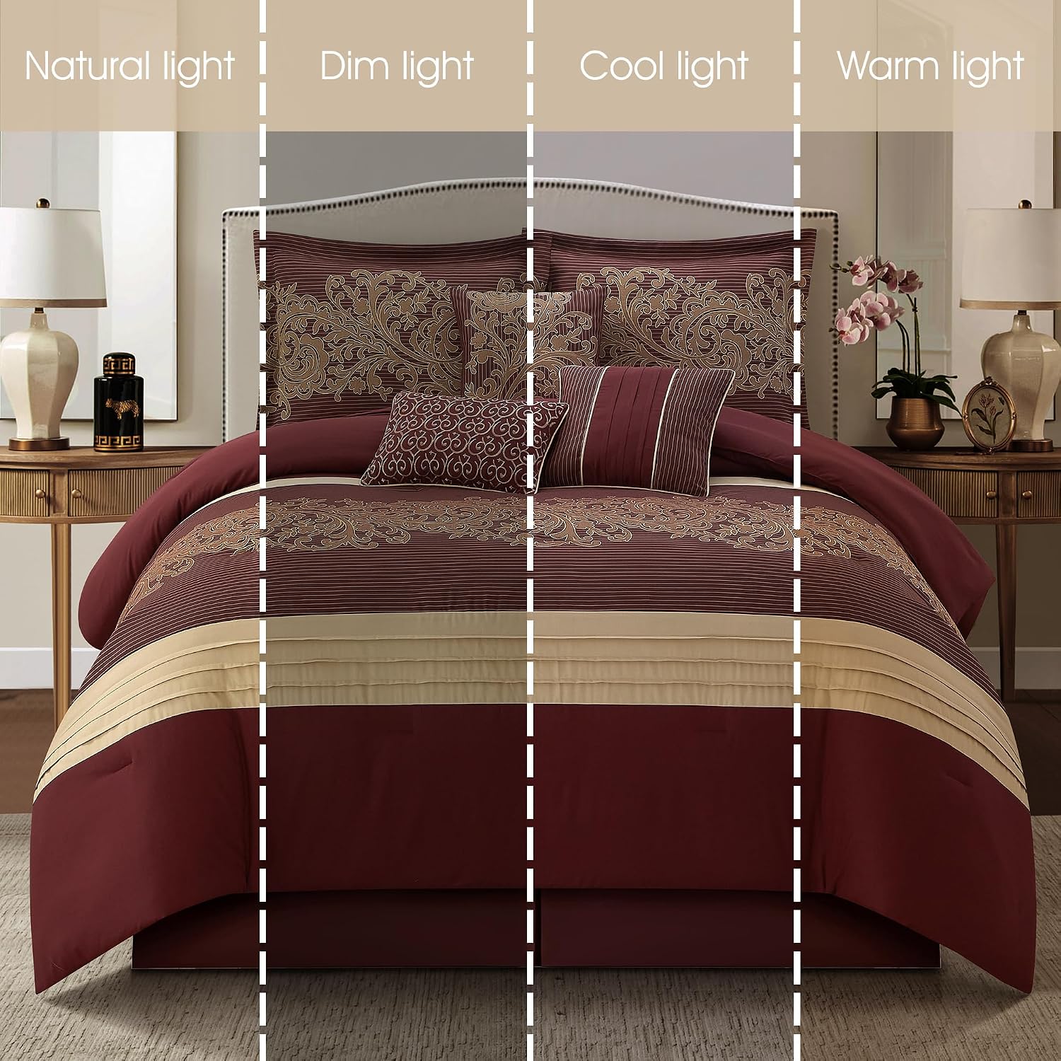 Grand Avenue Geometric Red and Gold Comforter Set California King Size, 7 Piece Jacquard Bedding Set, Ultra-Soft, Bedskirt, Pillows & Shams