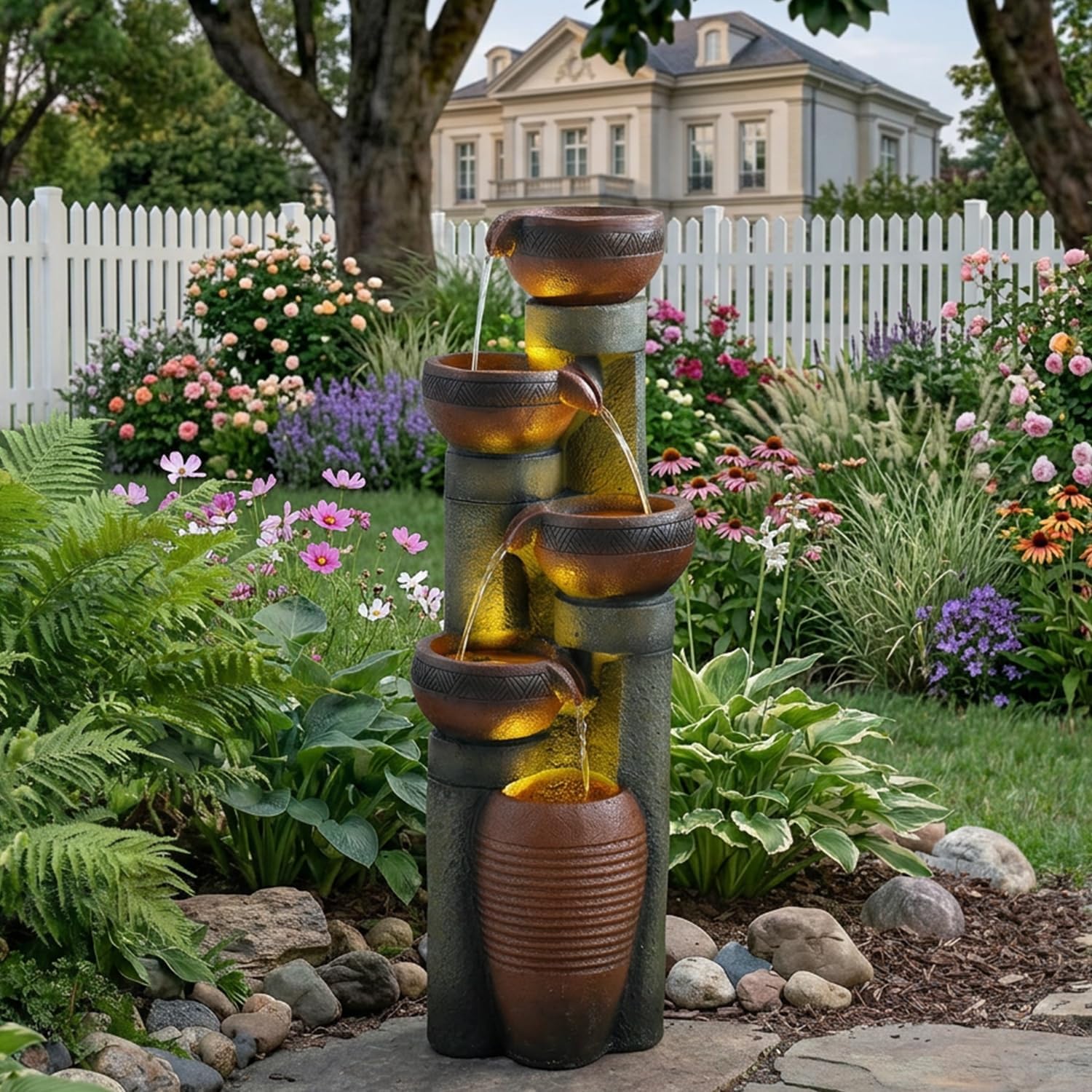 39.7''H 5-Tier Relaxing Outdoor Indoor Garden Water Fountain Decor - for Contemporary Design for Garden, Patio, Deck, Porch, Backyard and Home Art Decor Brown