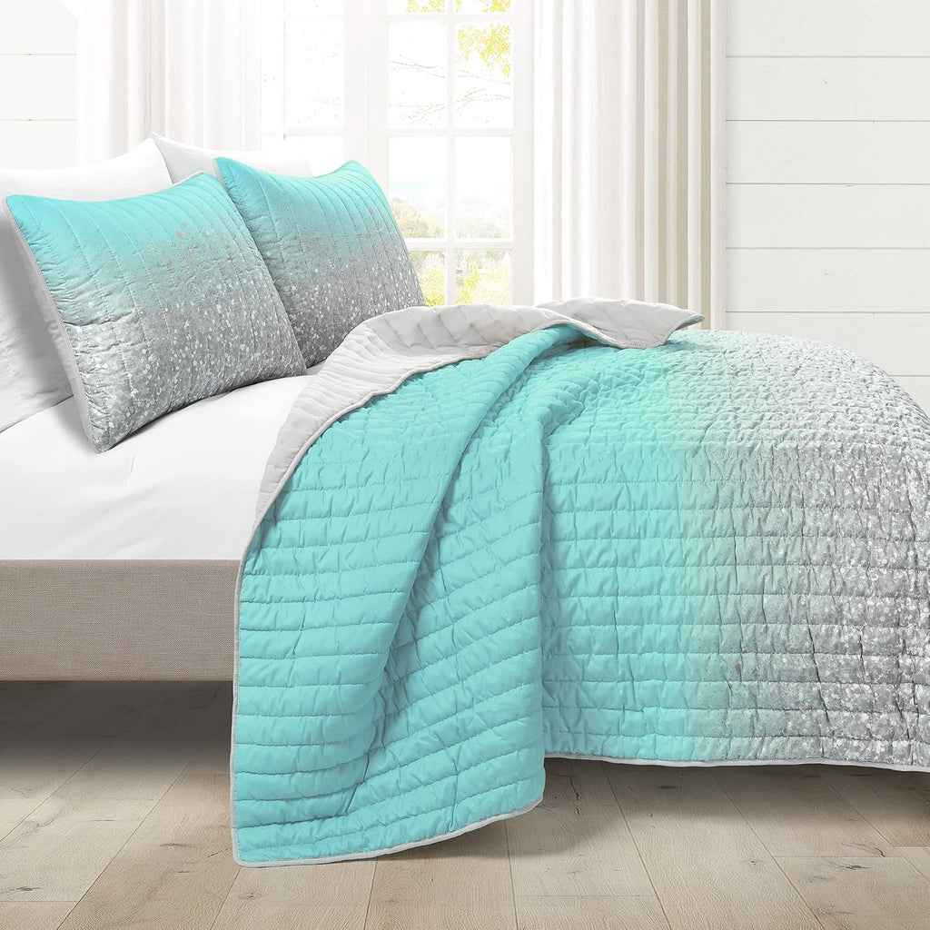 Lush Decor Glitter Ombre Metallic Print 5 Piece Comforter Set, Full/Queen, Aqua & Gray
