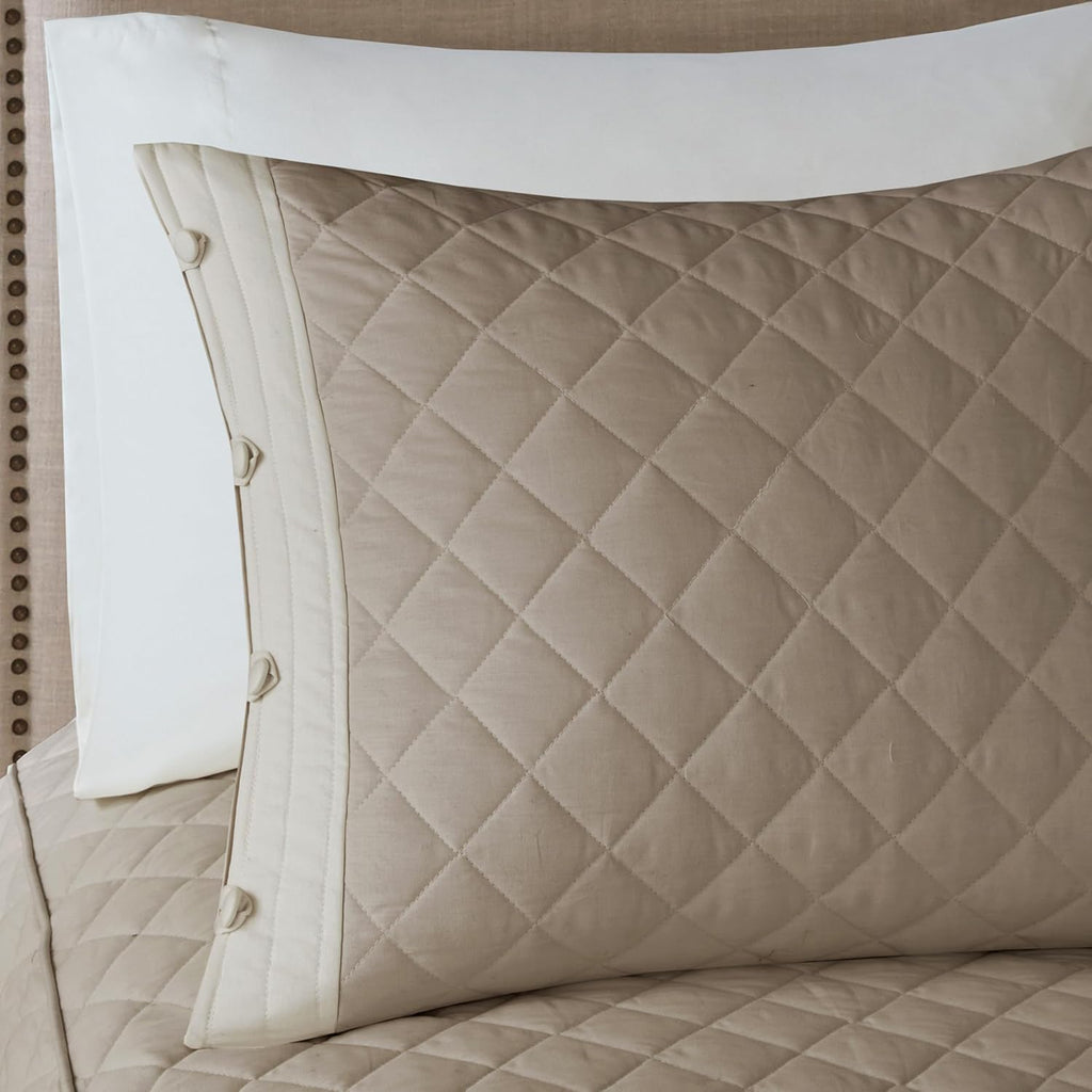 Madison Park Breanna 100% Cotton Fitted Bedspread Classic Traditional Design All Season, Lightweight, Bedding Set, Matching Shams, Queen(60' x80+24D), Diamond Quilted Khaki 4 Piece