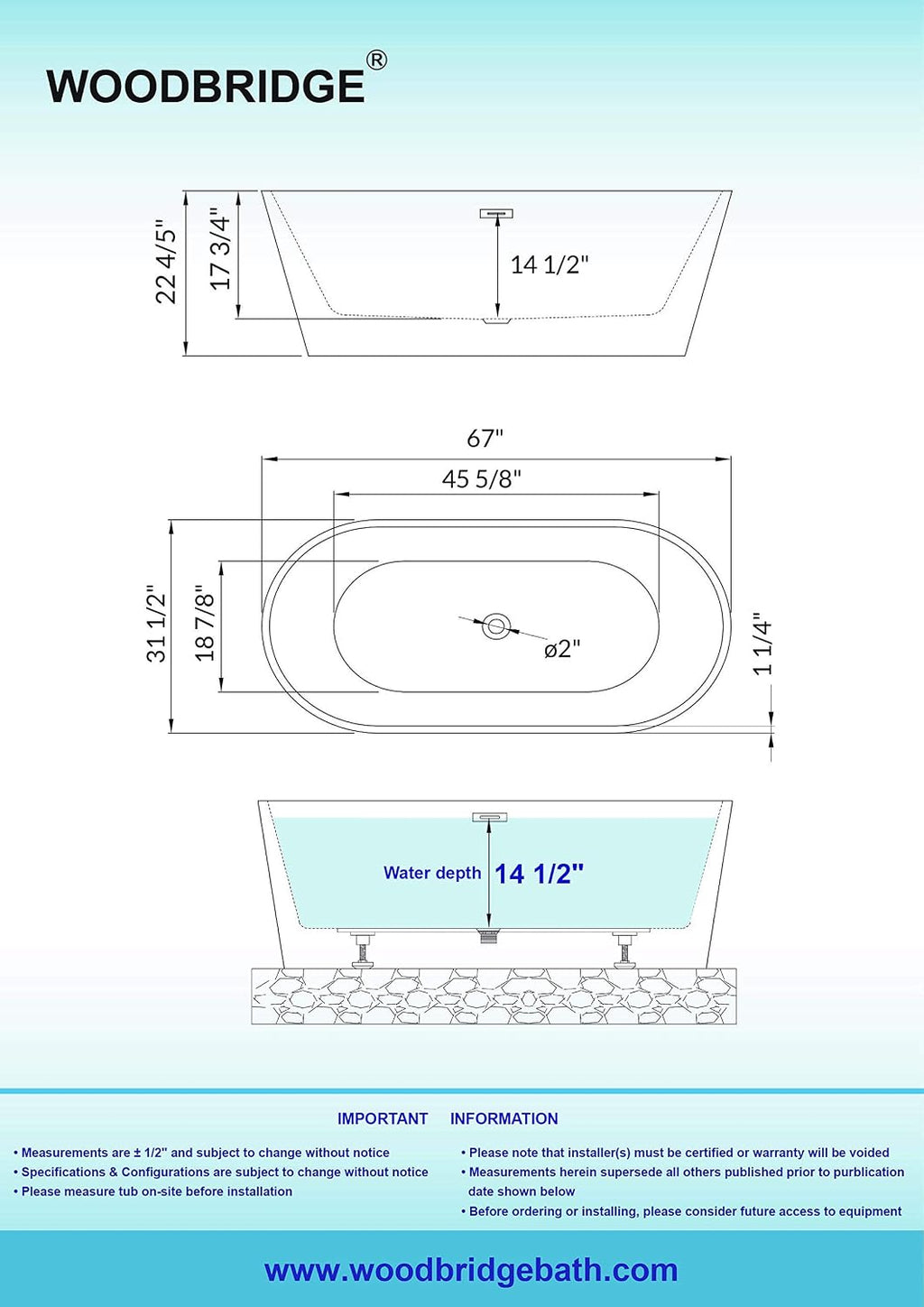 WOODBRIDGE 67' Acrylic Freestanding Bathtub Contemporary Soaking White Tub with Brushed Gold Overflow and Drain，B0013-BG