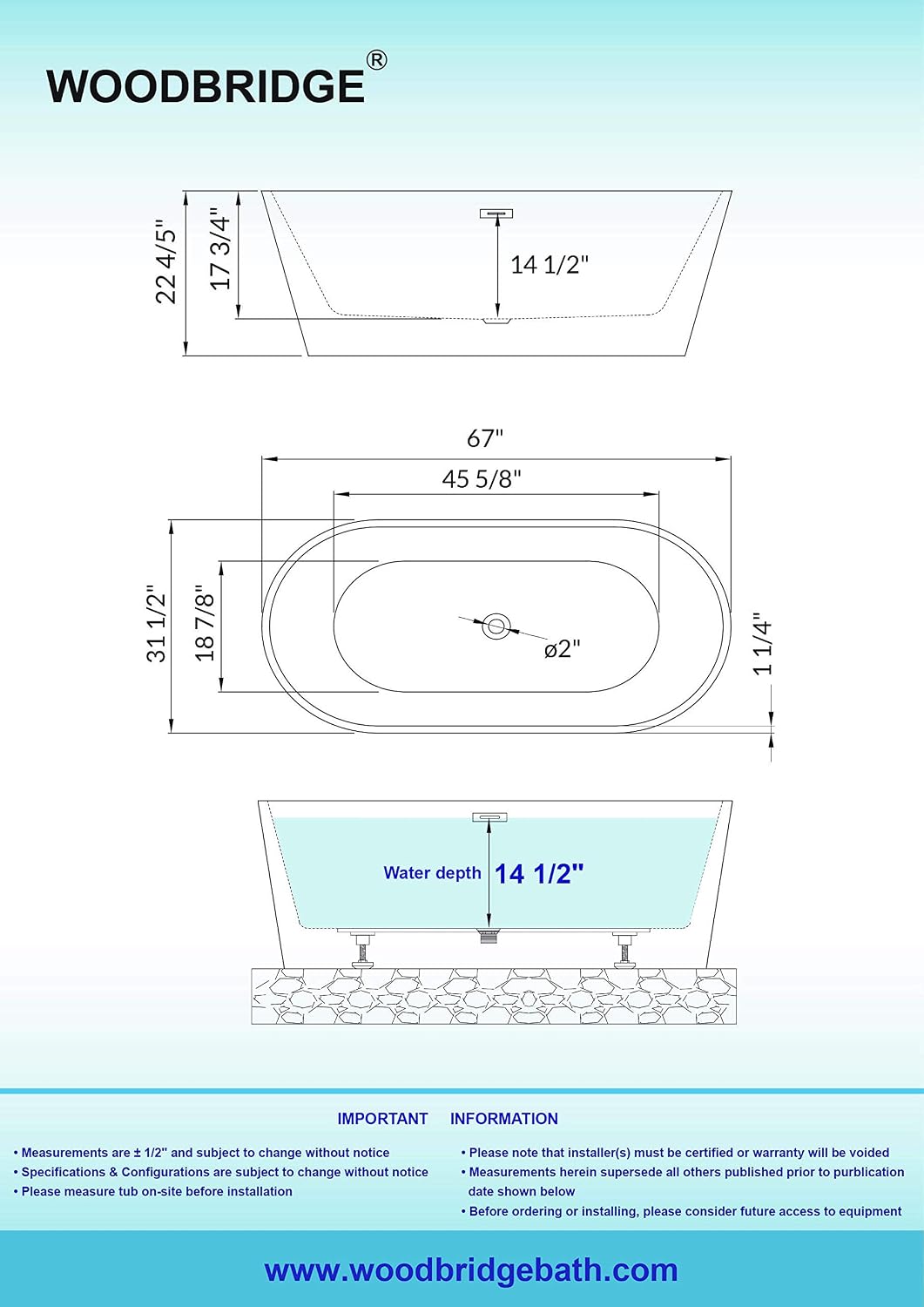 WOODBRIDGE 67' Acrylic Freestanding Bathtub Contemporary Soaking White Tub with Brushed Gold Overflow and Drain，B0013-BG