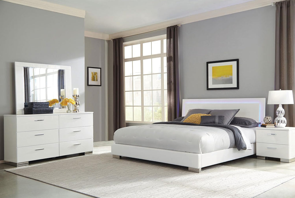 Coaster Home Furnishings Felicity Contemporary 4-Piece Bedroom Set Queen Size LED Panel Bed Frame 49-inch Headboard White High Gloss 203500Q-S4