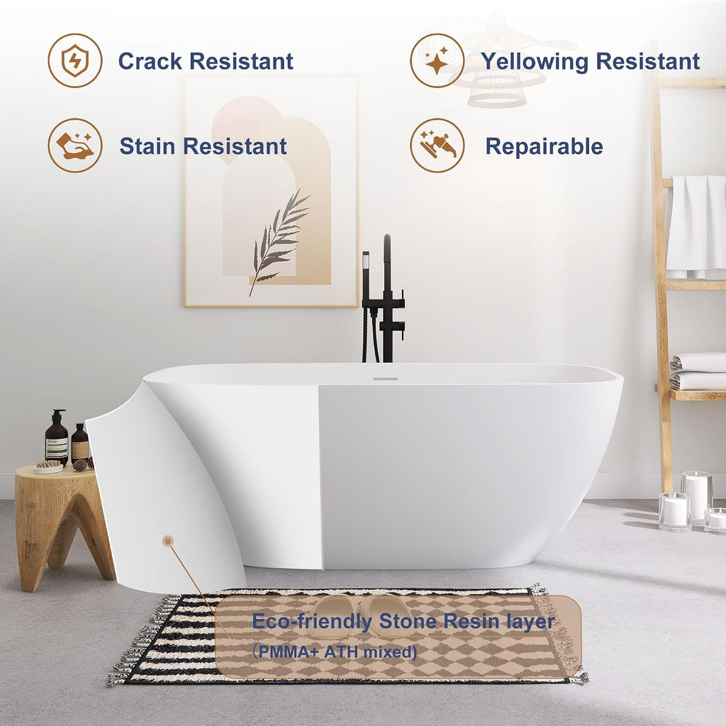 SJ STAR&JANE Solid Surface Freestanding Bathtub, 59' Stone Resin Oval Soaking Tub with Overflow & Pop-up Drain, Modern Stand Alone Tub in Matte White Finish for Bathrooms
