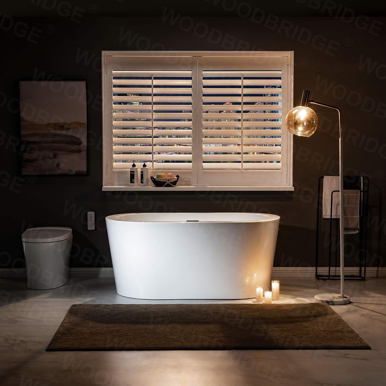 WOODBRIDGE 56' Acrylic Freestanding Bathtub Contemporary Soaking White Tub with Oil Rubbed Bronze Overflow and Drain，B0088 -ORB-Drain &O